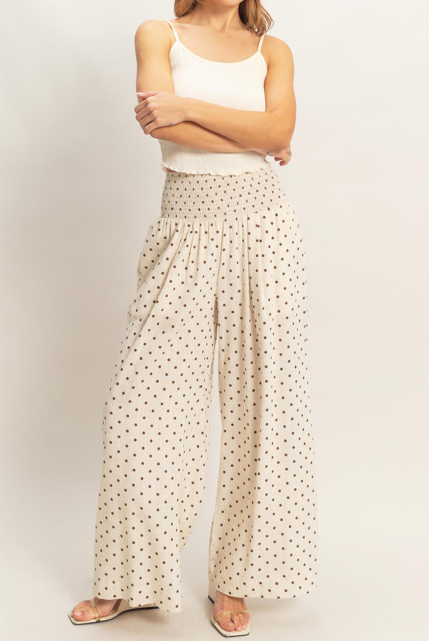 Wholesale Polka Dot Elastic Wide-Leg Pants Pants HF26C280 OATMEAL HYFVE
