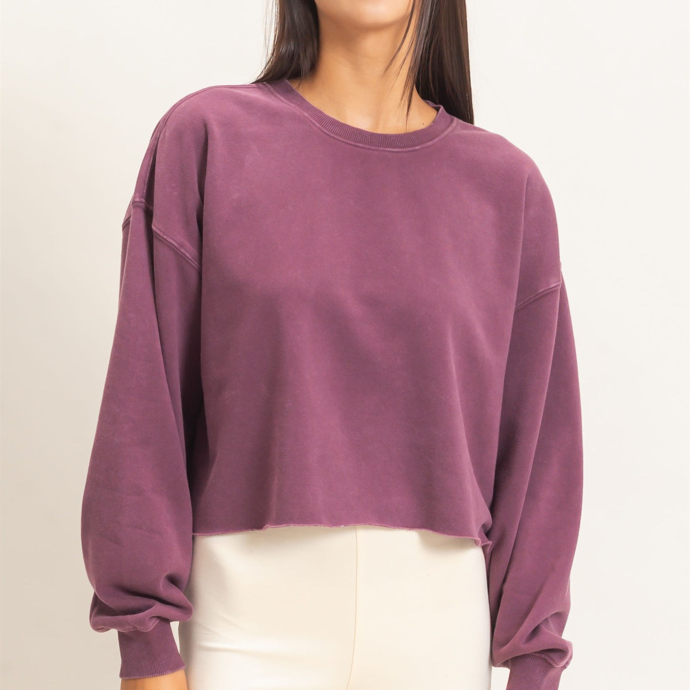 Wholesale Mineral Wash Raw Hem Cropped Sweatshirt Sweatshirts DZ26C968 DARK CHERRY DOUBLE ZERO