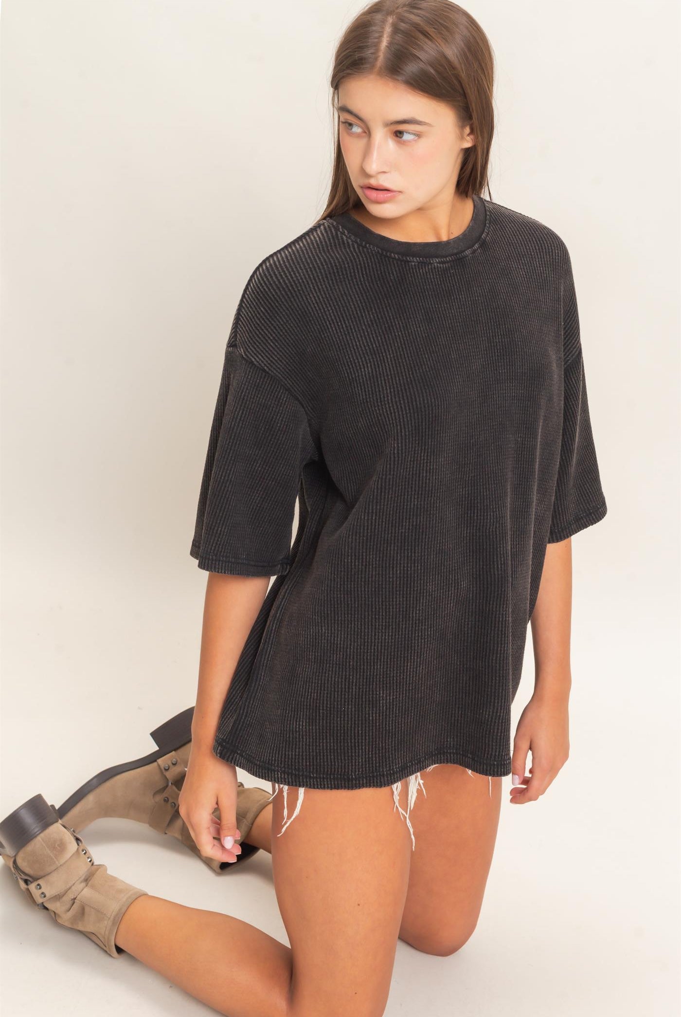 Wholesale Mineral Wash Waffle Crew Neck Short Sleeve Top Clothing Tops DZ26E328 BLACK DOUBLE ZERO