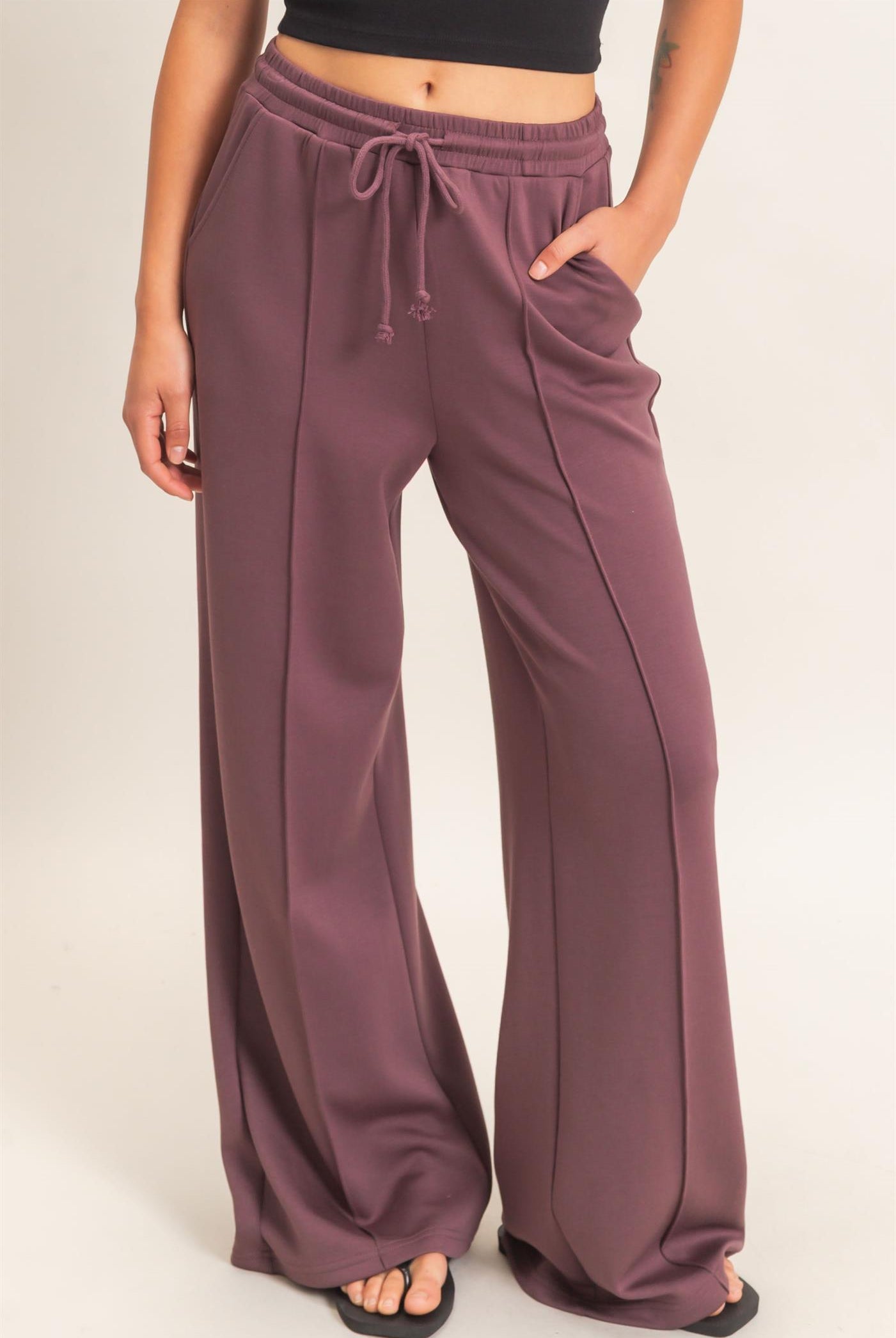 Wholesale Drawstring Waist Pintuck Wide Leg Pants Pants DZ26E384 COCOA HYFVE