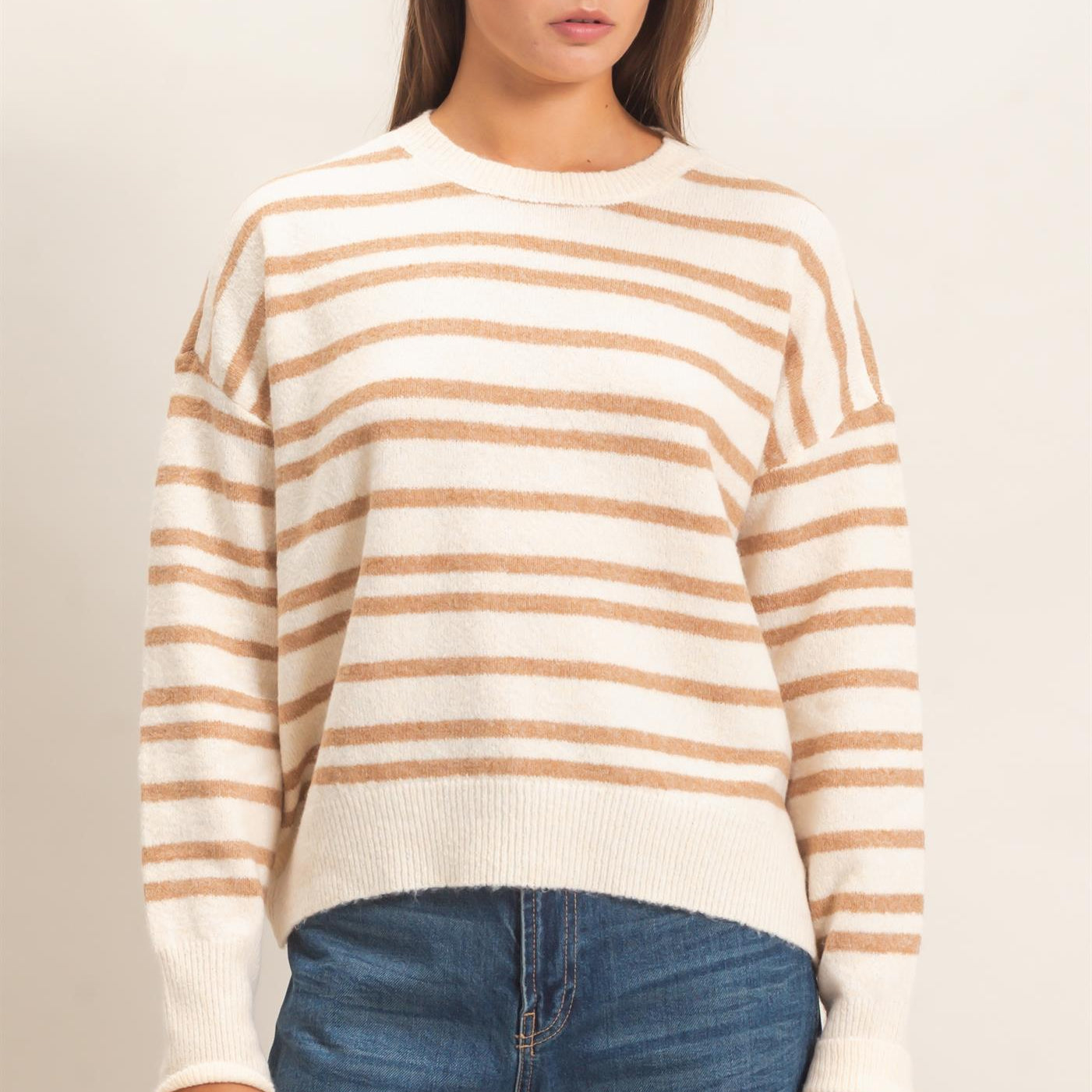 Wholesale Striped Crew Neck Sweater Sweaters DZ26E389 TAUPE DOUBLE ZERO