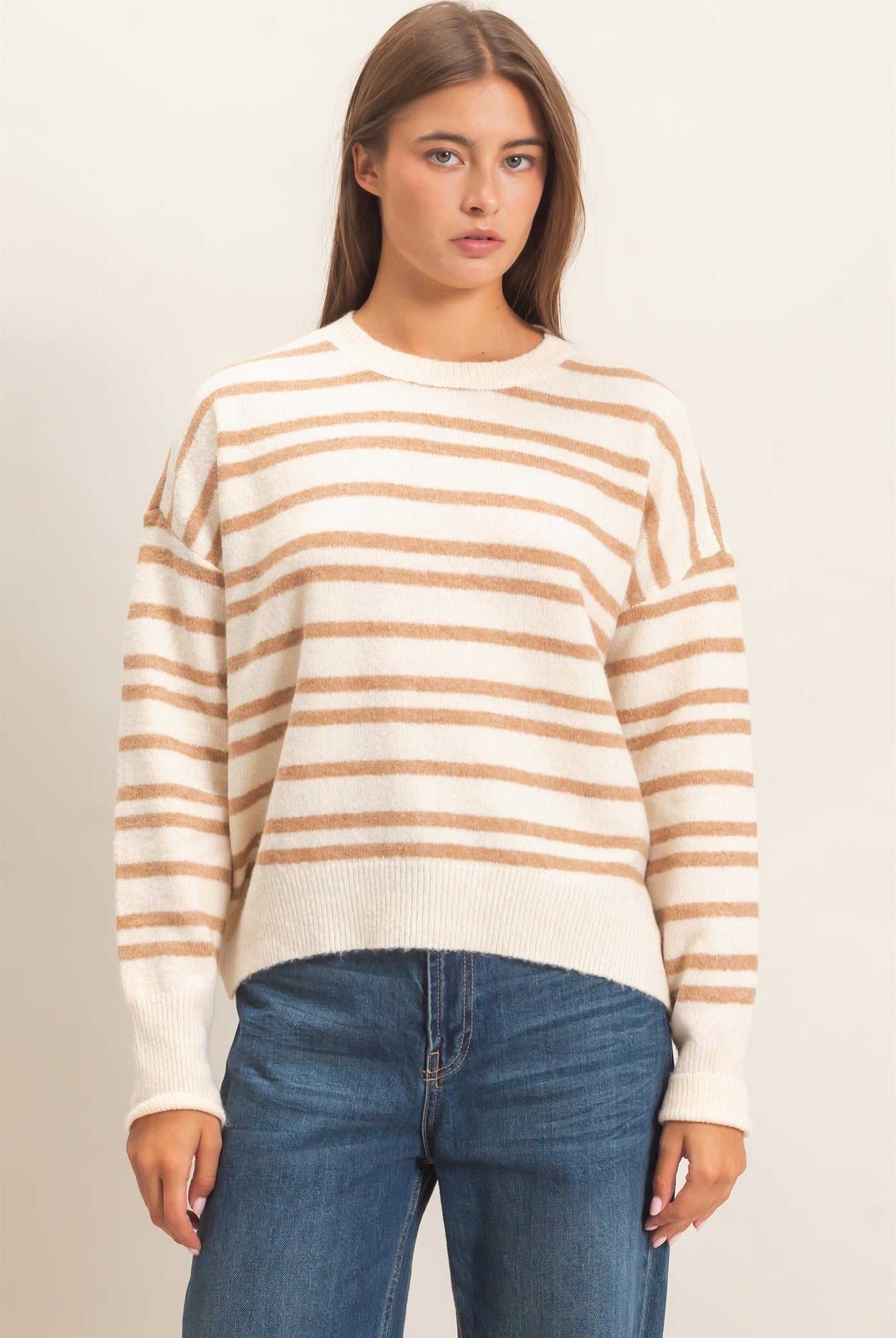 Wholesale Striped Crew Neck Sweater Sweaters DZ26E389 TAUPE DOUBLE ZERO