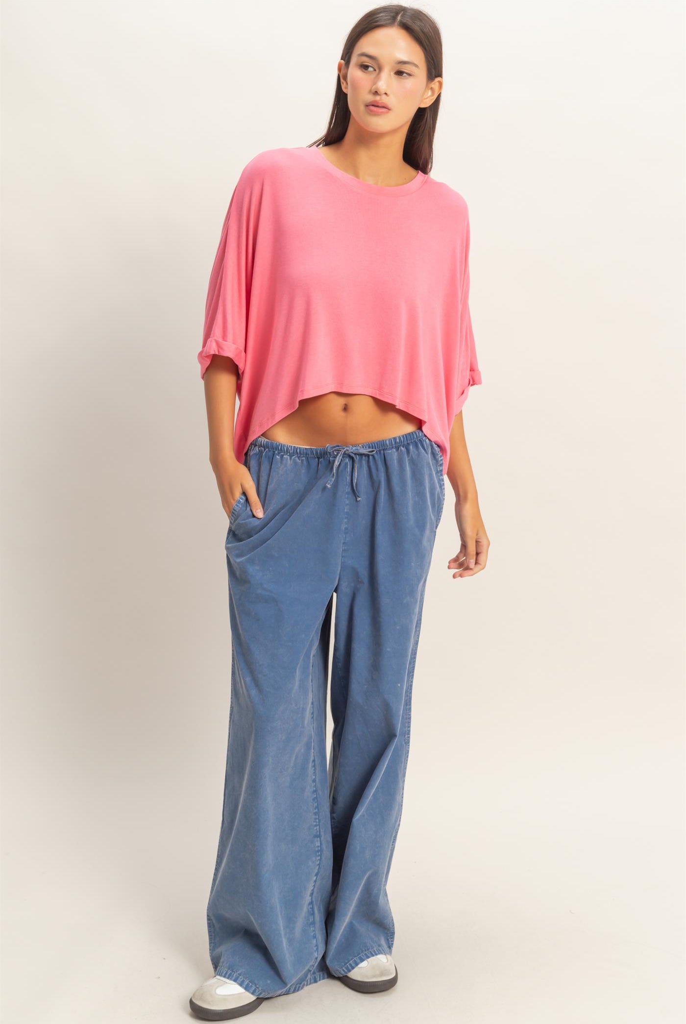 Wholesale Relaxed High-Low Batwing Sleeve Top Shirts DZ26A742 TAFFY PINK DOUBLE ZERO