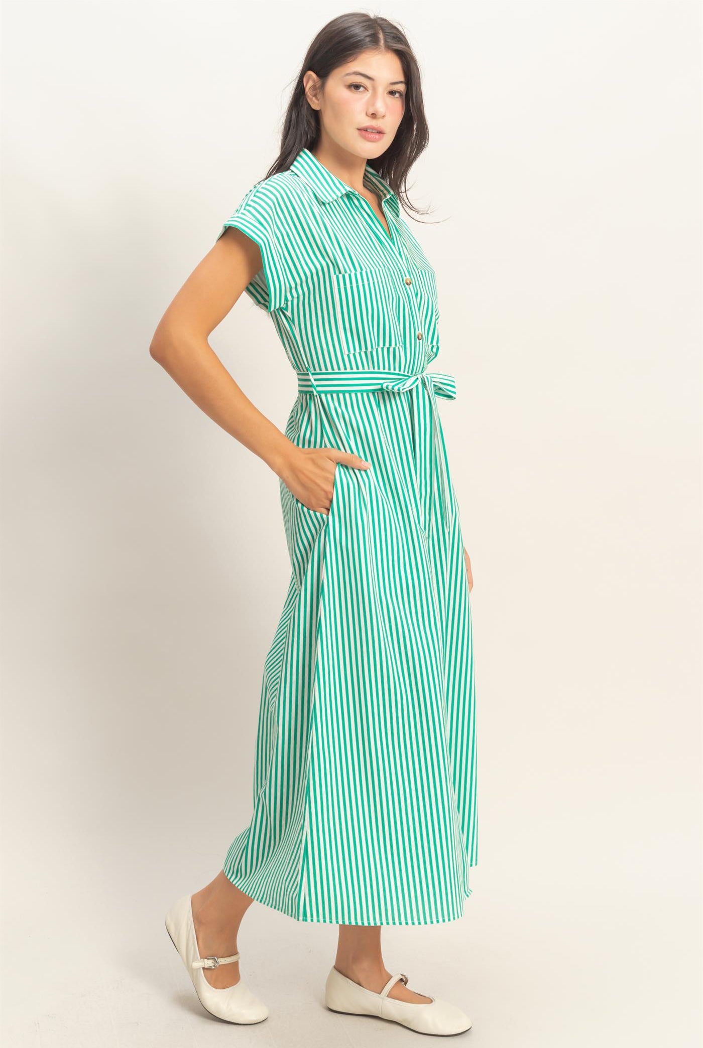 Wholesale Striped Poplin Belted Shirt Dress With Pockets Dresses DZ26C129 GREEN DOUBLE ZERO