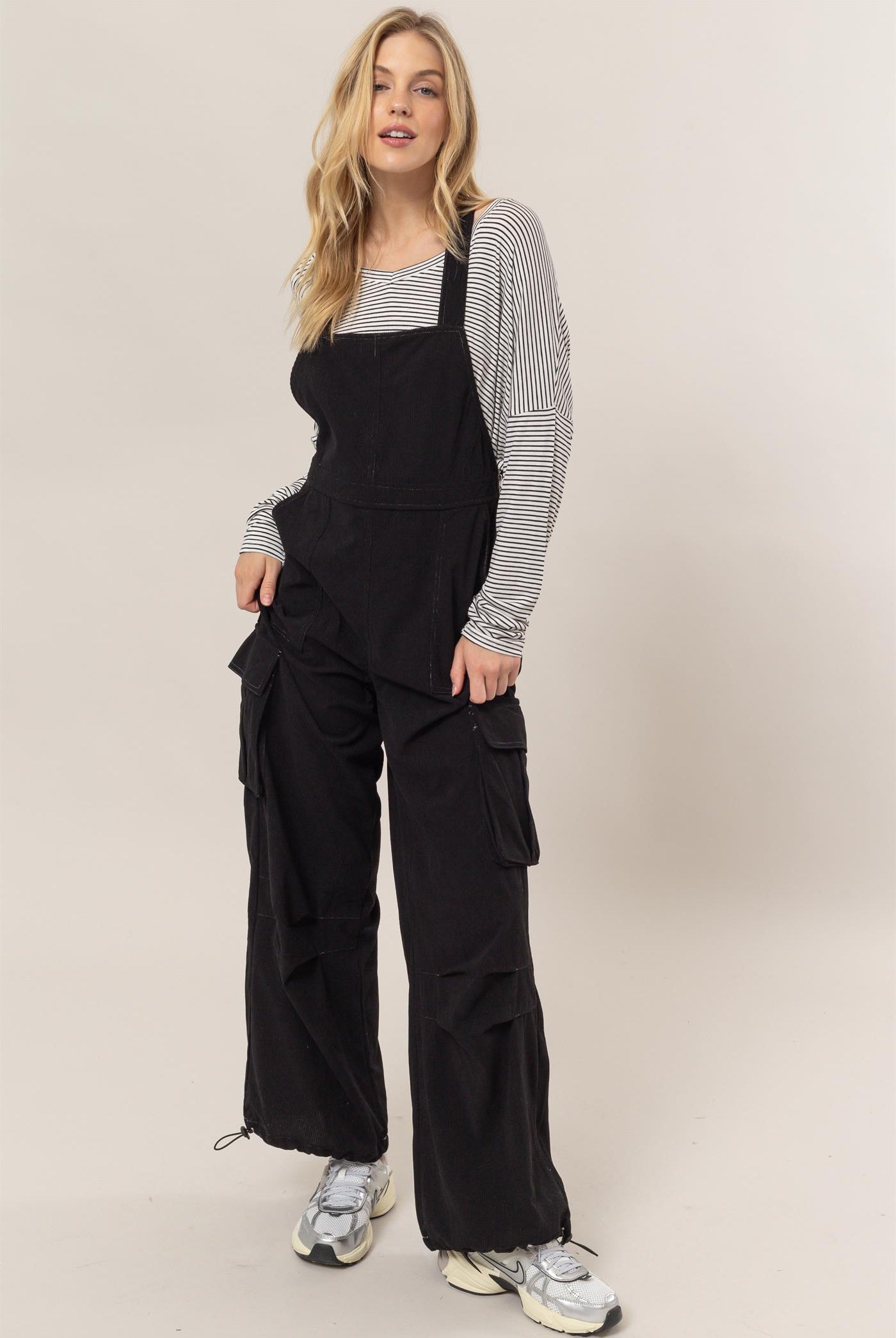 Wholesale Corduroy Cargo Overalls Clothing HF24F288 BLACK HYFVE