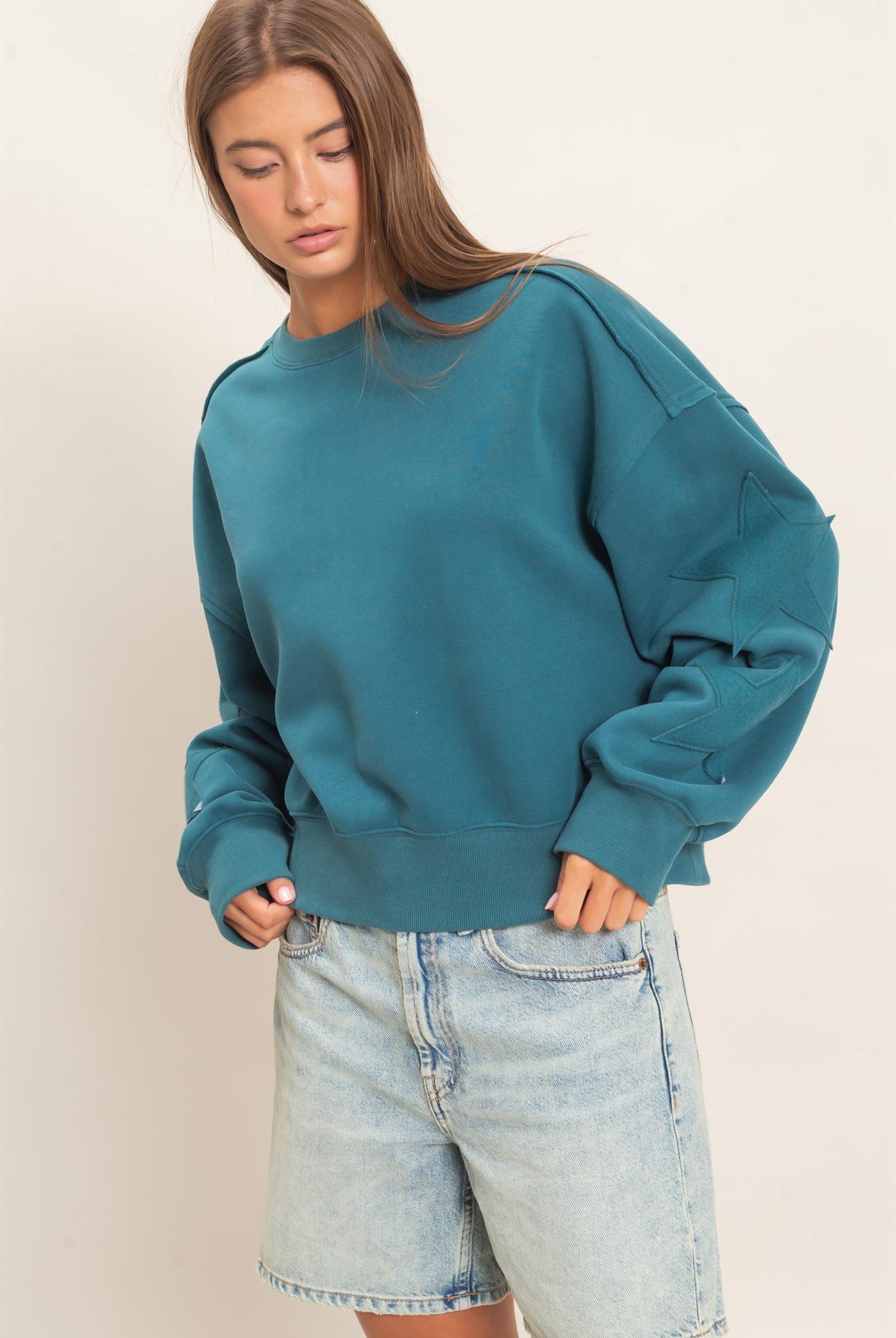 Wholesale Star Patch Sleeve Sweatshirt Sweatshirts DZ26E888 DARK TEAL DOUBLE ZERO