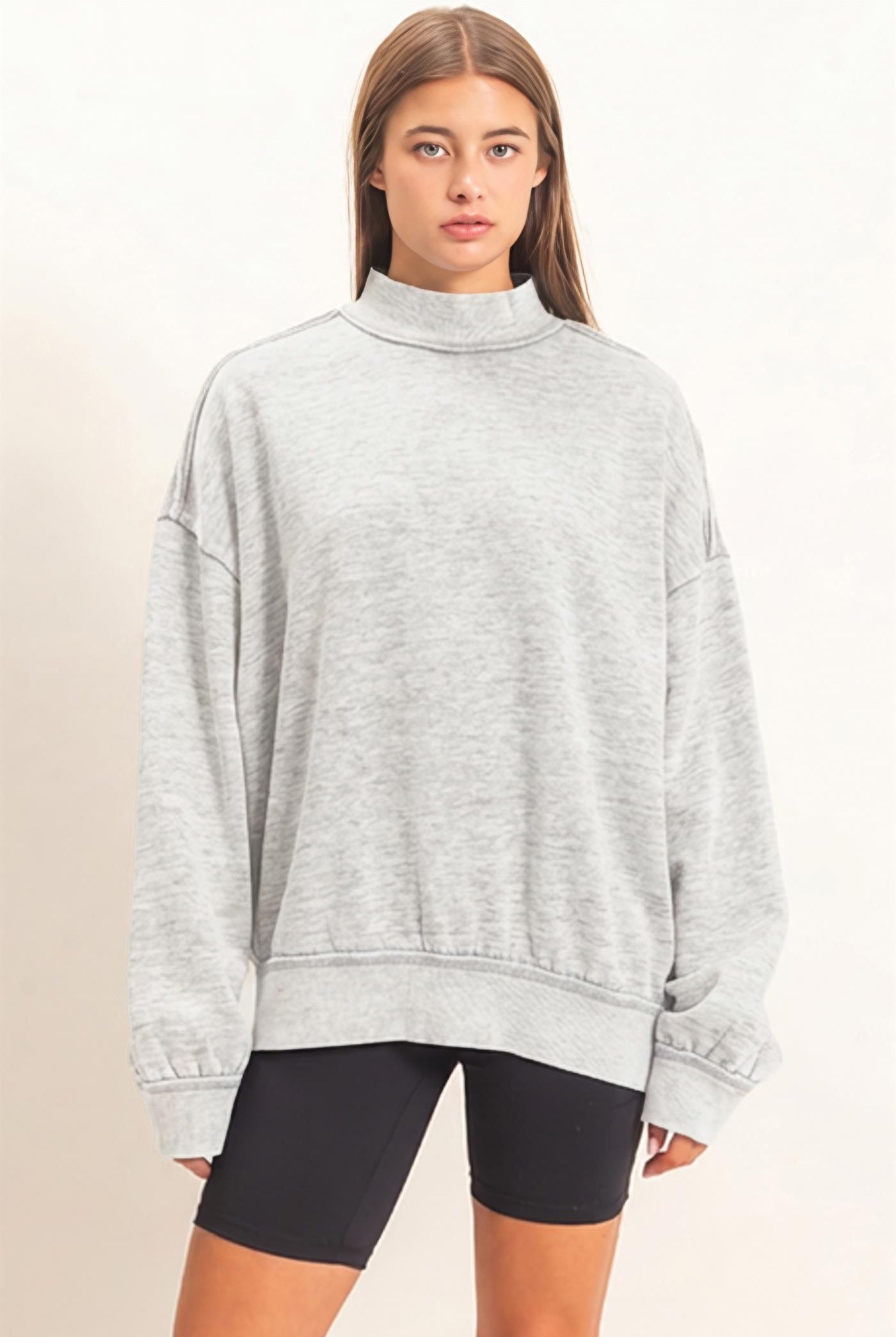 Wholesale Acid Washed Mock Neck Sweatshirt Sweatshirts DZ26E656 HEATHER GRAY DOUBLE ZERO