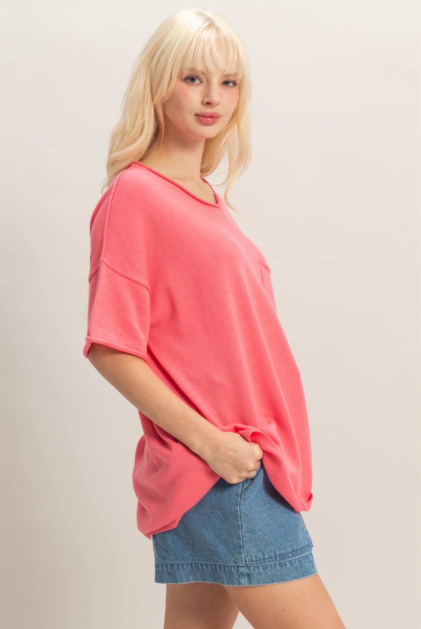 Wholesale Oversized Short Sleeve Round Neck Pocket Knit Top Clothing Tops DZ26A691 TAFFY PINK DOUBLE ZERO