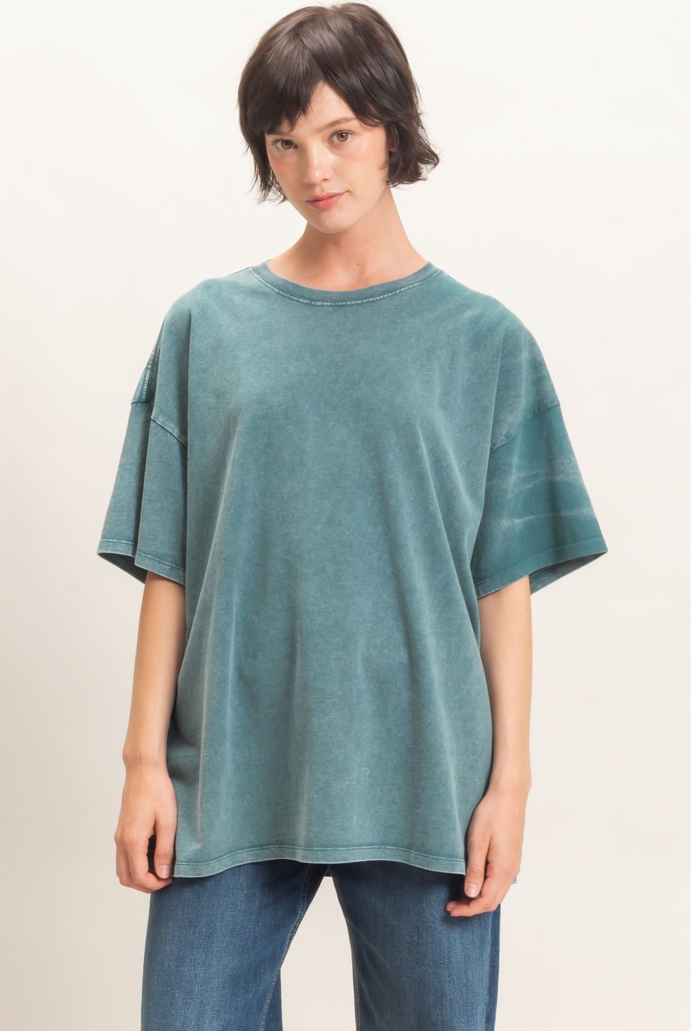 Wholesale Mineral Wash Oversized Crew Neck T-Shirts Clothing Tops DZ26C961 DARK TEAL DOUBLE ZERO