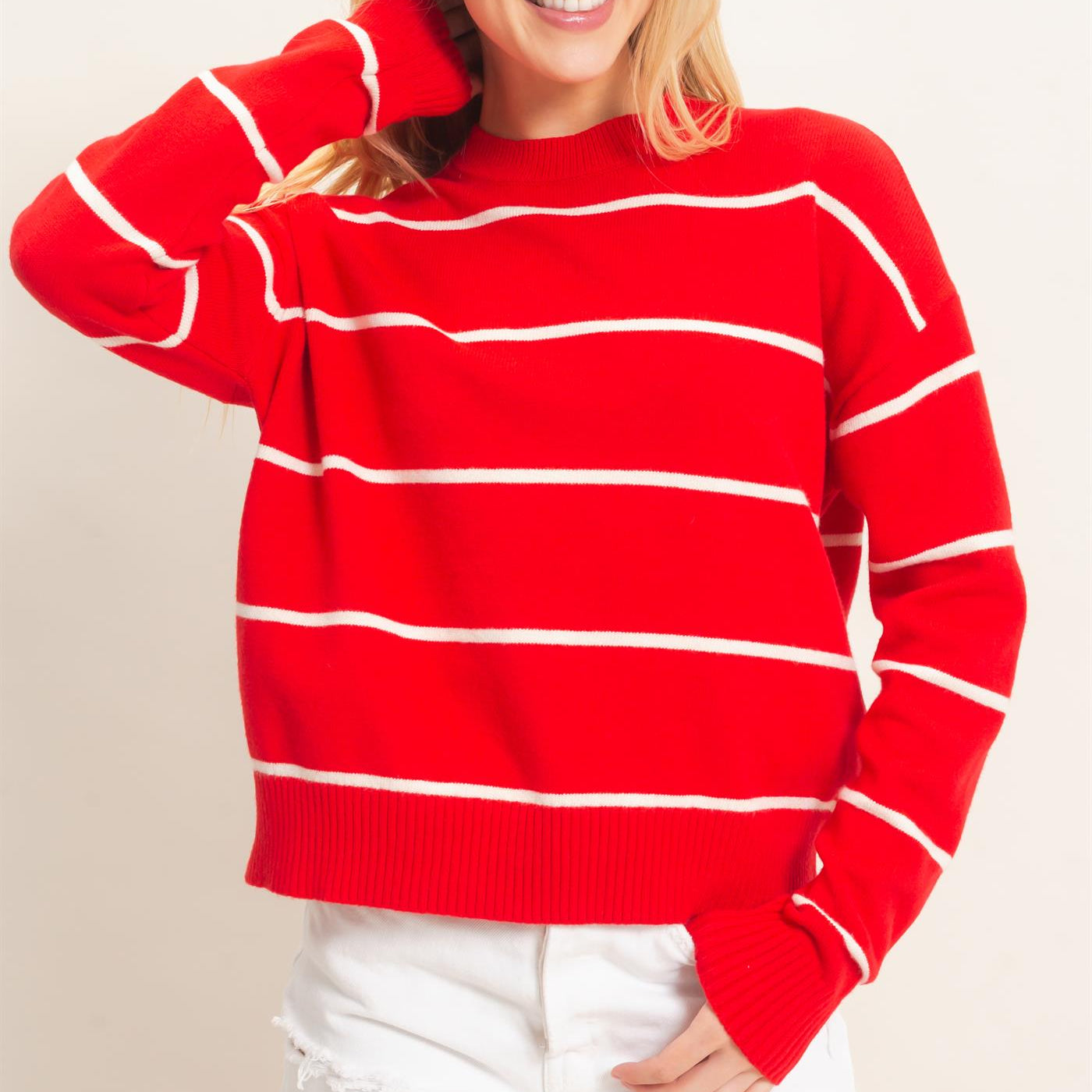 Wholesale Striped Ribbed Crew Neck Sweater Sweaters HF26F169 RED HYFVE