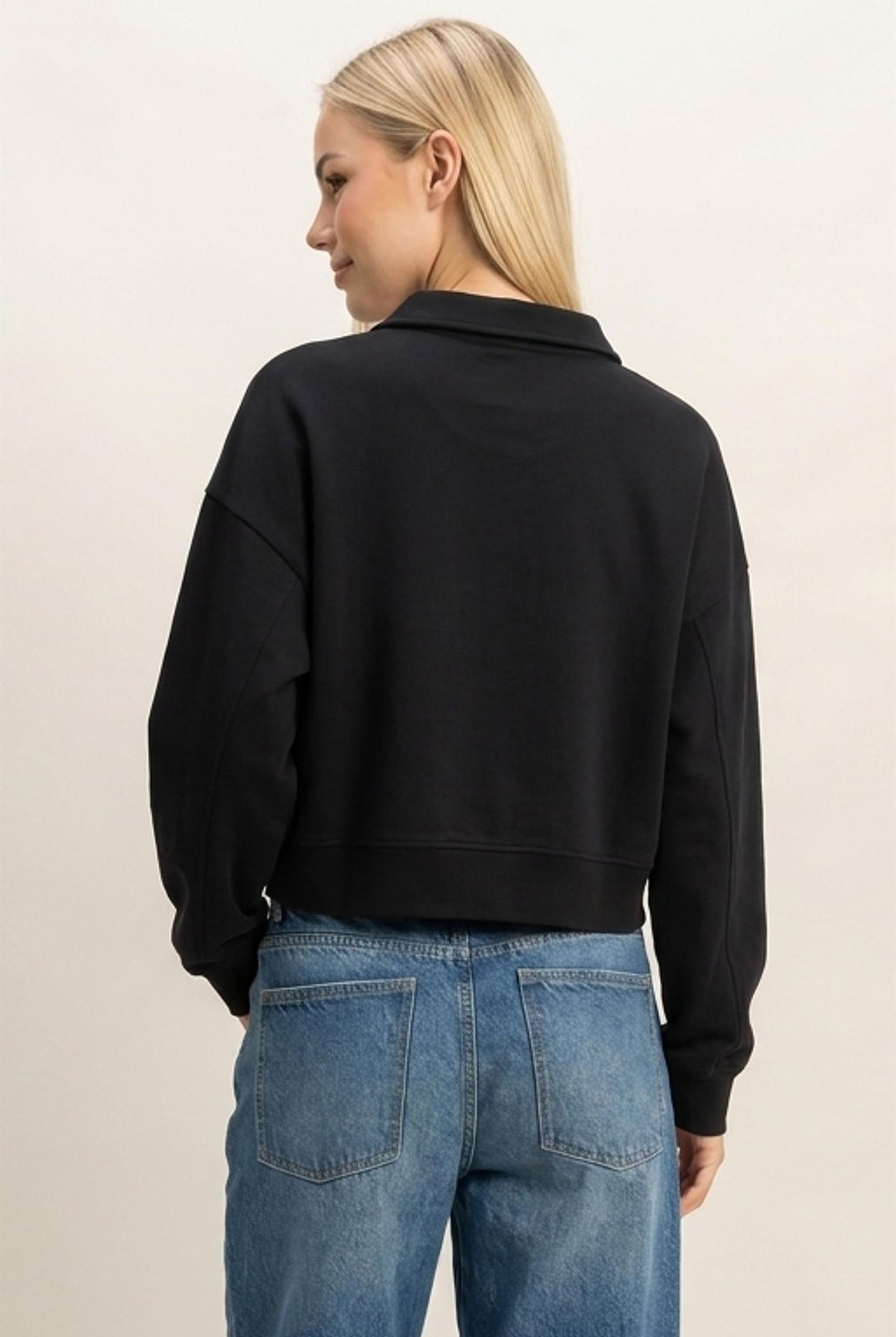 Wholesale Washed Button-Front Collared Sweatshirt Sweatshirts DZ26E390 BLACK DOUBLE ZERO