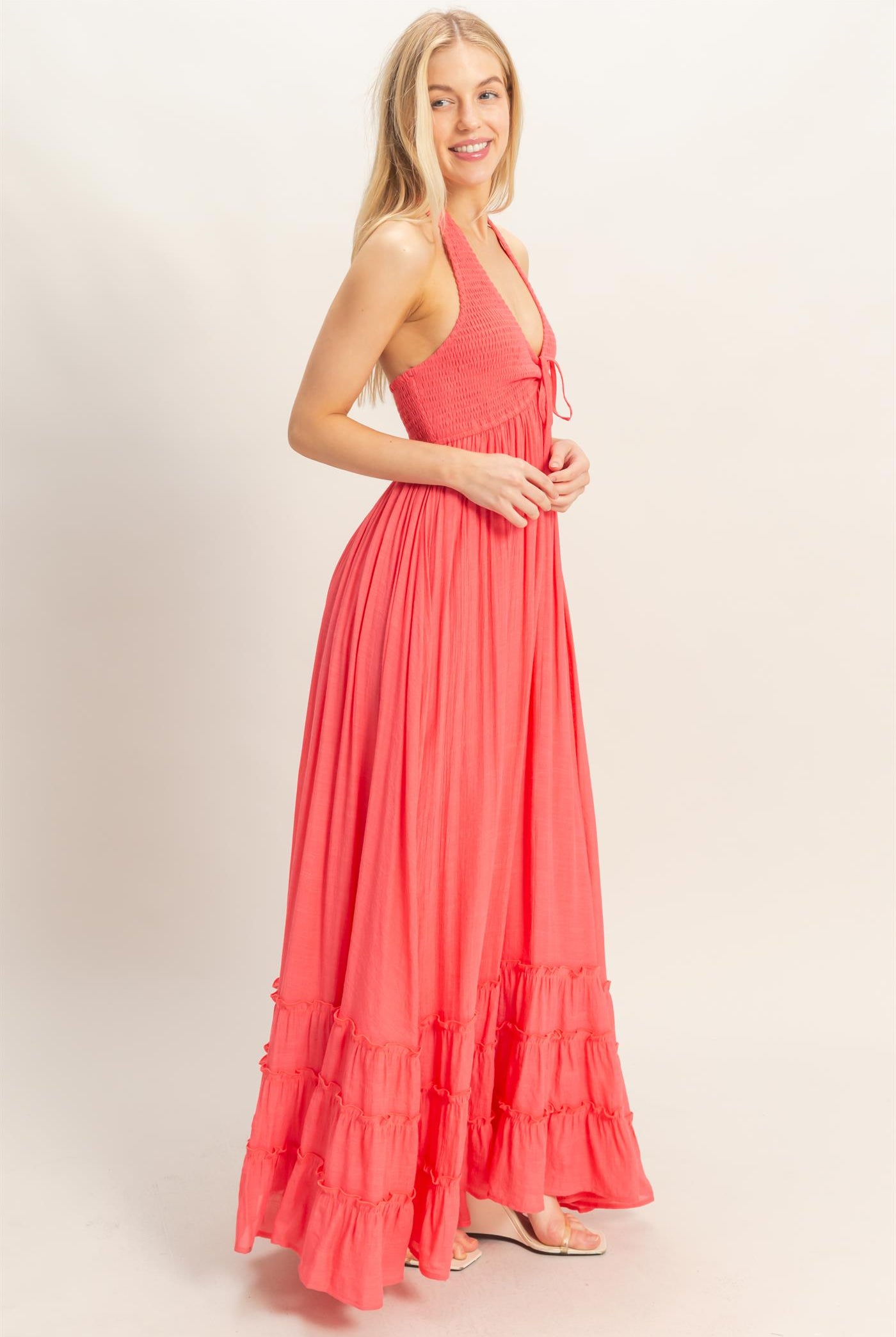 Wholesale Halter Neck Smocked Maxi Dress Dresses HF26C287-D CORAL RED HYFVE