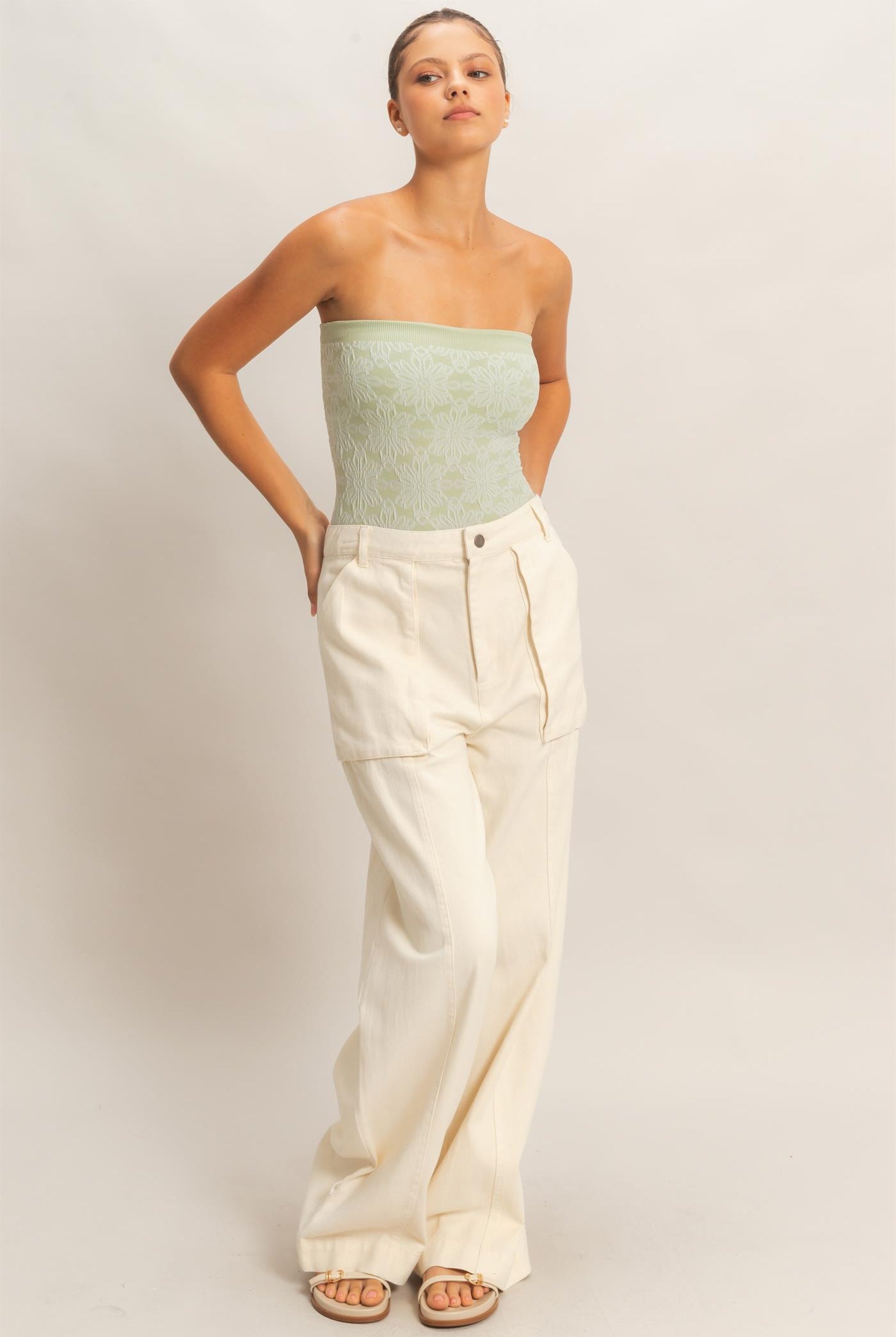 Wholesale High Rise Cargo Pants With Ankle Ties Pants DZ24C156 CREAM DOUBLE ZERO