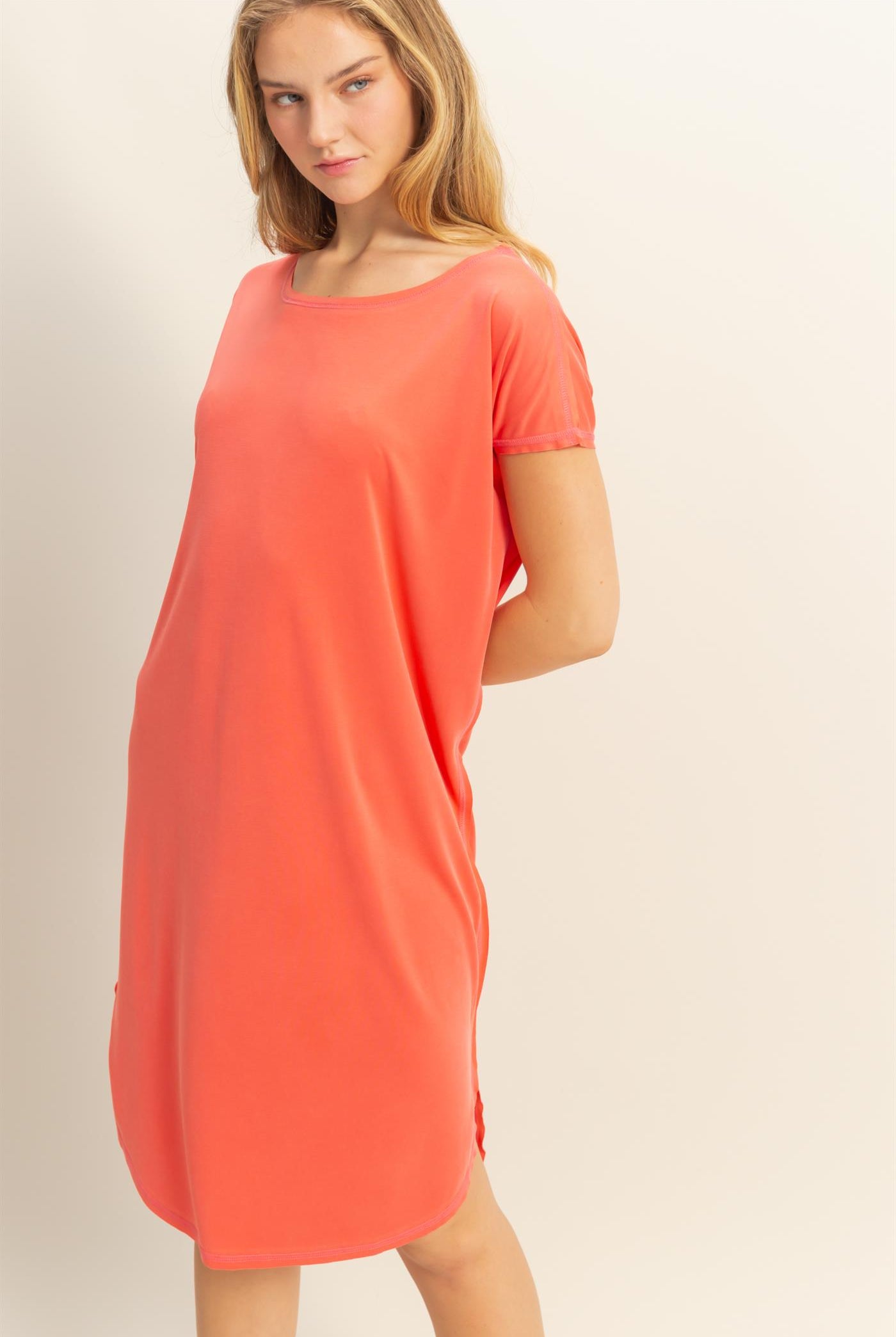 Wholesale Soft High Low Midi Dress With Round Hem Dresses DZ25E307 CORAL DOUBLE ZERO