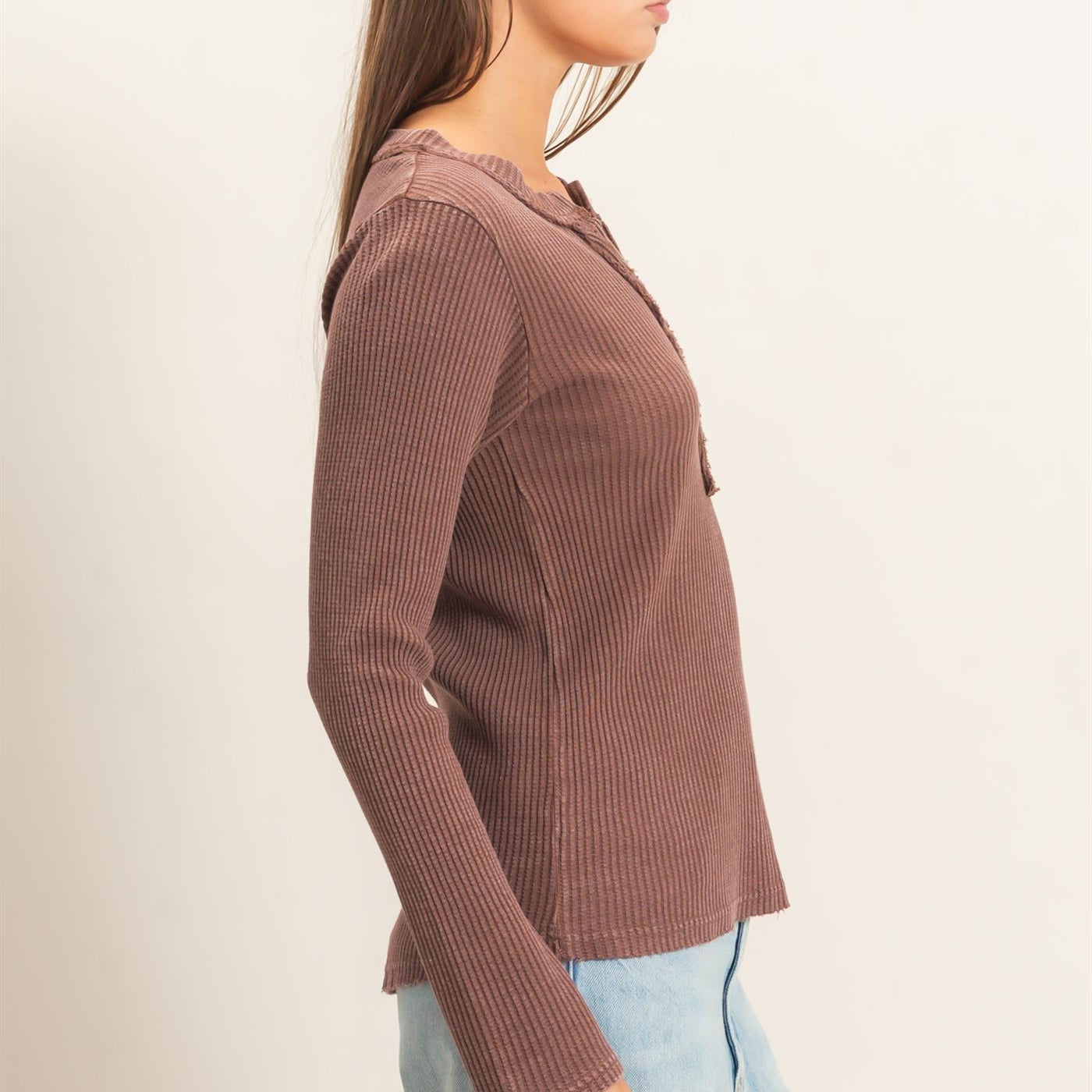 Wholesale Mineral Wash Waffle Henley Long Sleeve Top Clothing Tops DZ26E243 DARK BROWN DOUBLE ZERO