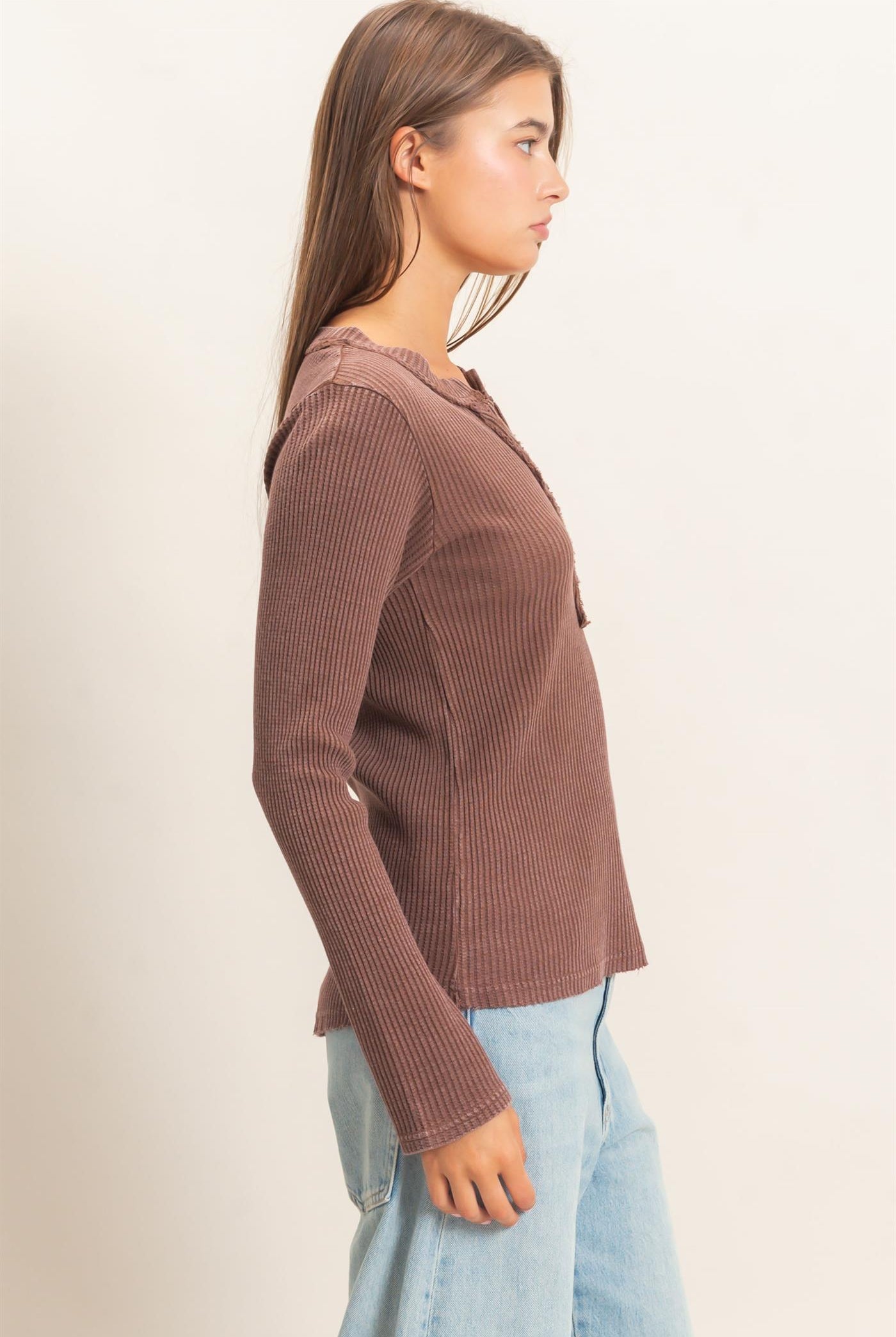 Wholesale Mineral Wash Waffle Henley Long Sleeve Top Clothing Tops DZ26E243 DARK BROWN DOUBLE ZERO
