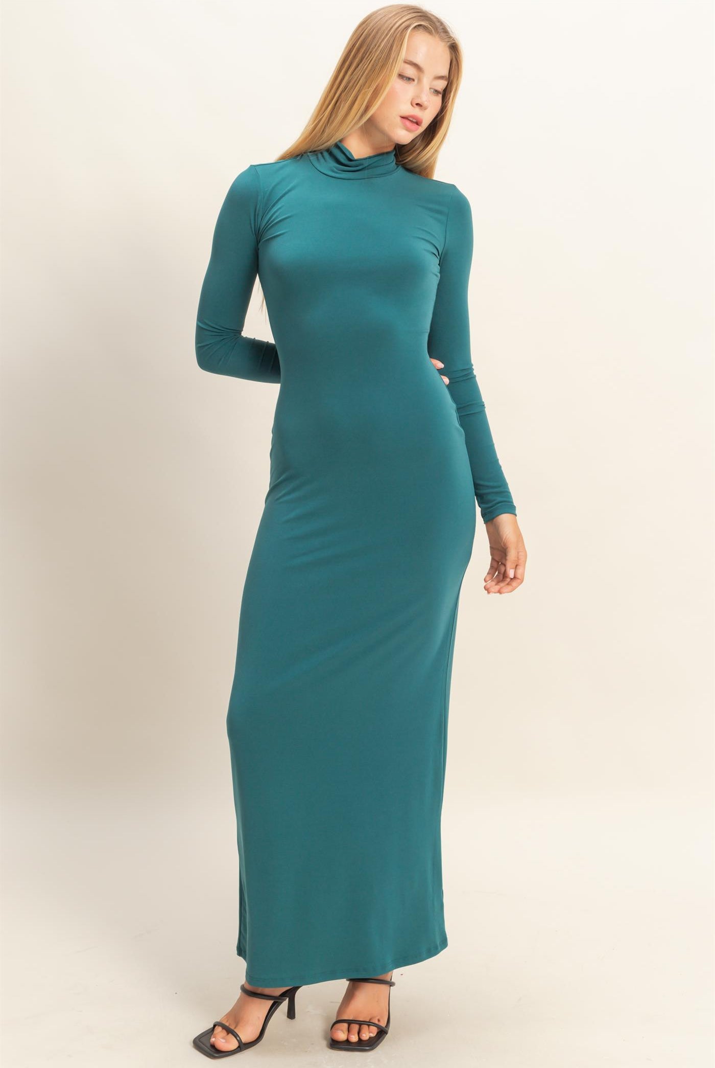 Wholesale Turtleneck Long Sleeve Maxi Dress Dresses DZ25F129 DEEP GREEN DOUBLE ZERO