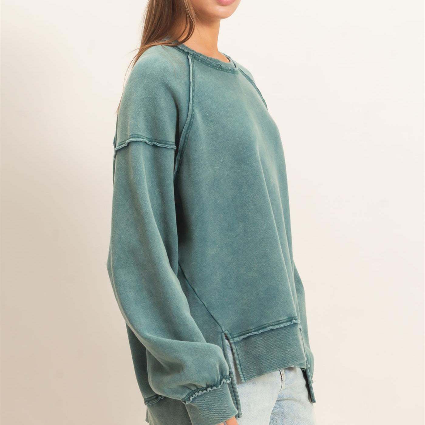 Wholesale Acid Wash Raw Edge Sweatshirt Sweatshirts DZ26C910 DARK TEAL DOUBLE ZERO