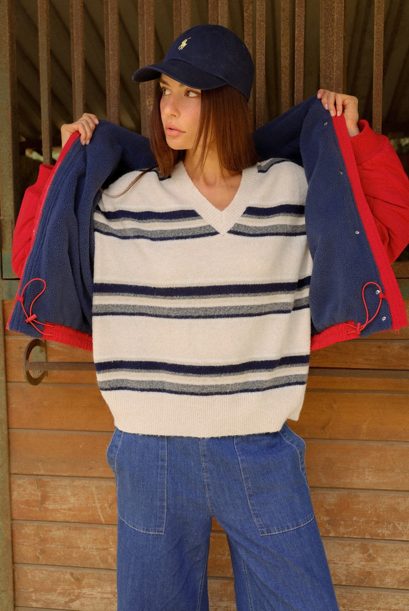 Wholesale V-Neck Striped Sweater Sweaters HF26E476 OATMEAL HYFVE