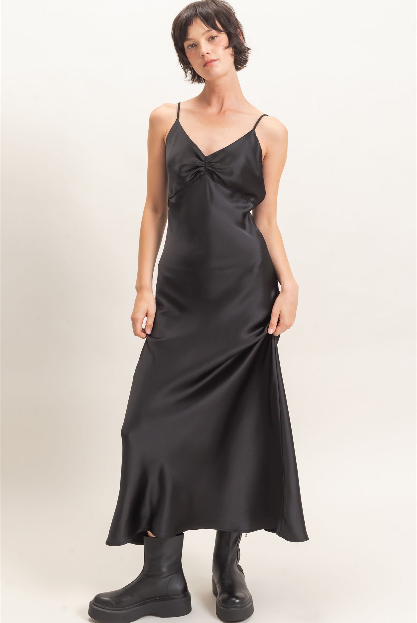 Wholesale Satin Slip Dress With Spaghetti Straps Dresses DZ26E380 BLACK DOUBLE ZERO