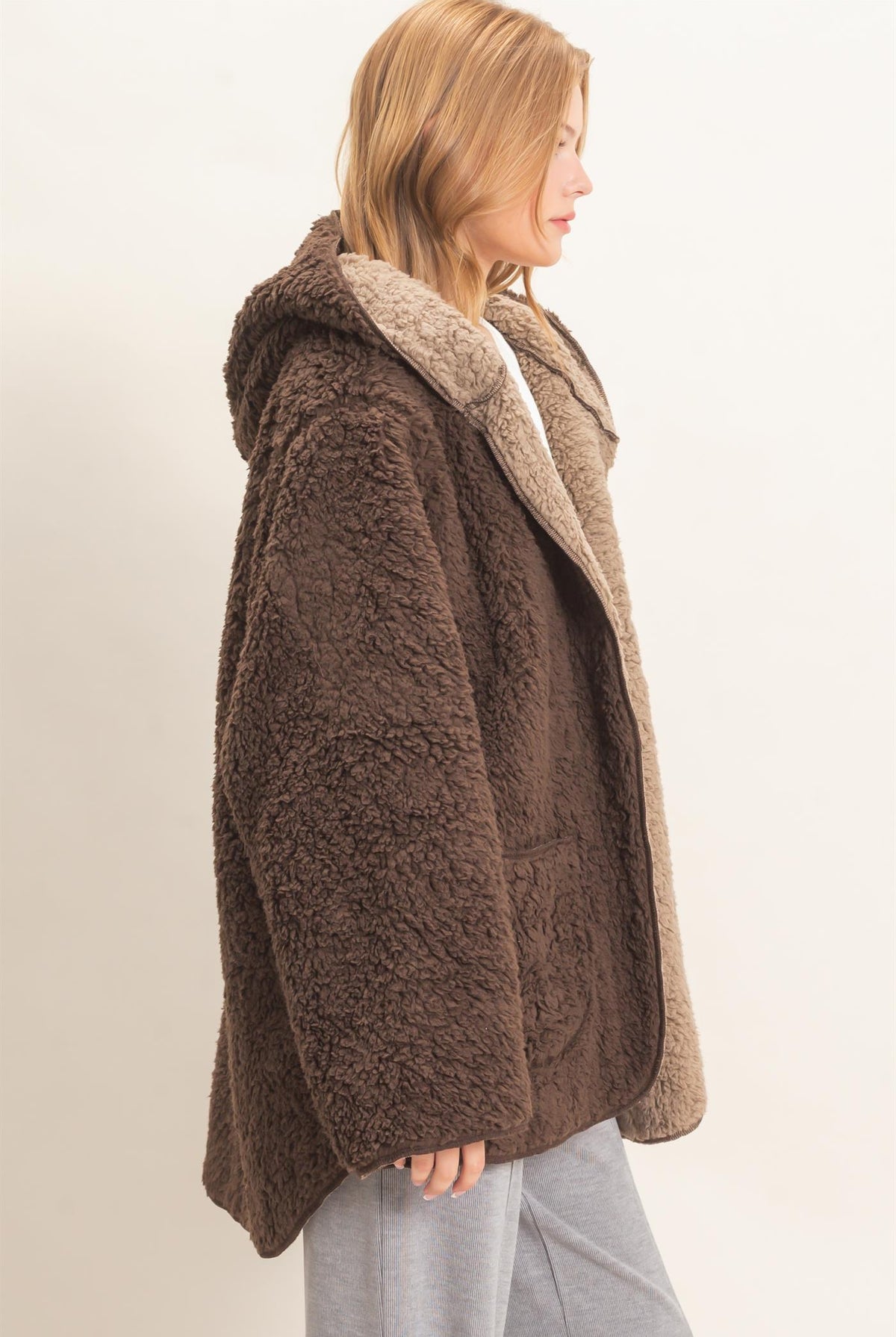 Wholesale Hooded Sherpa Jacket Coats & Jackets HF26E874 DARK BROWN HYFVE