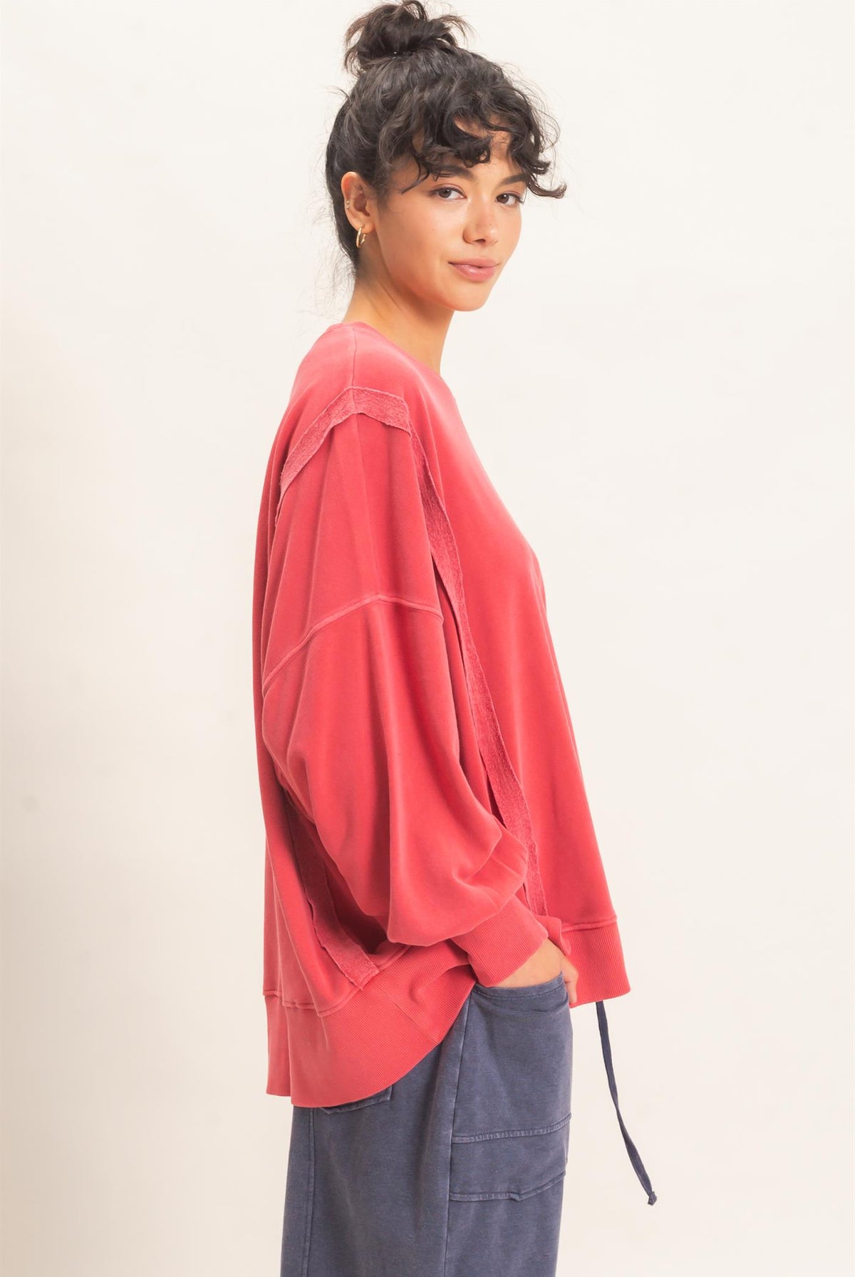 Wholesale Pigment Dye Oversized Raw Edge Sweatshirt Sweatshirts DZ26C737 DARK RED DOUBLE ZERO