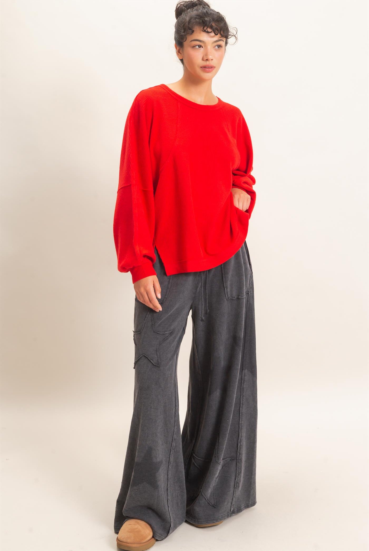 Wholesale Brushed Waffle Long Sleeve Top Clothing Tops DZ26F312 RED DOUBLE ZERO