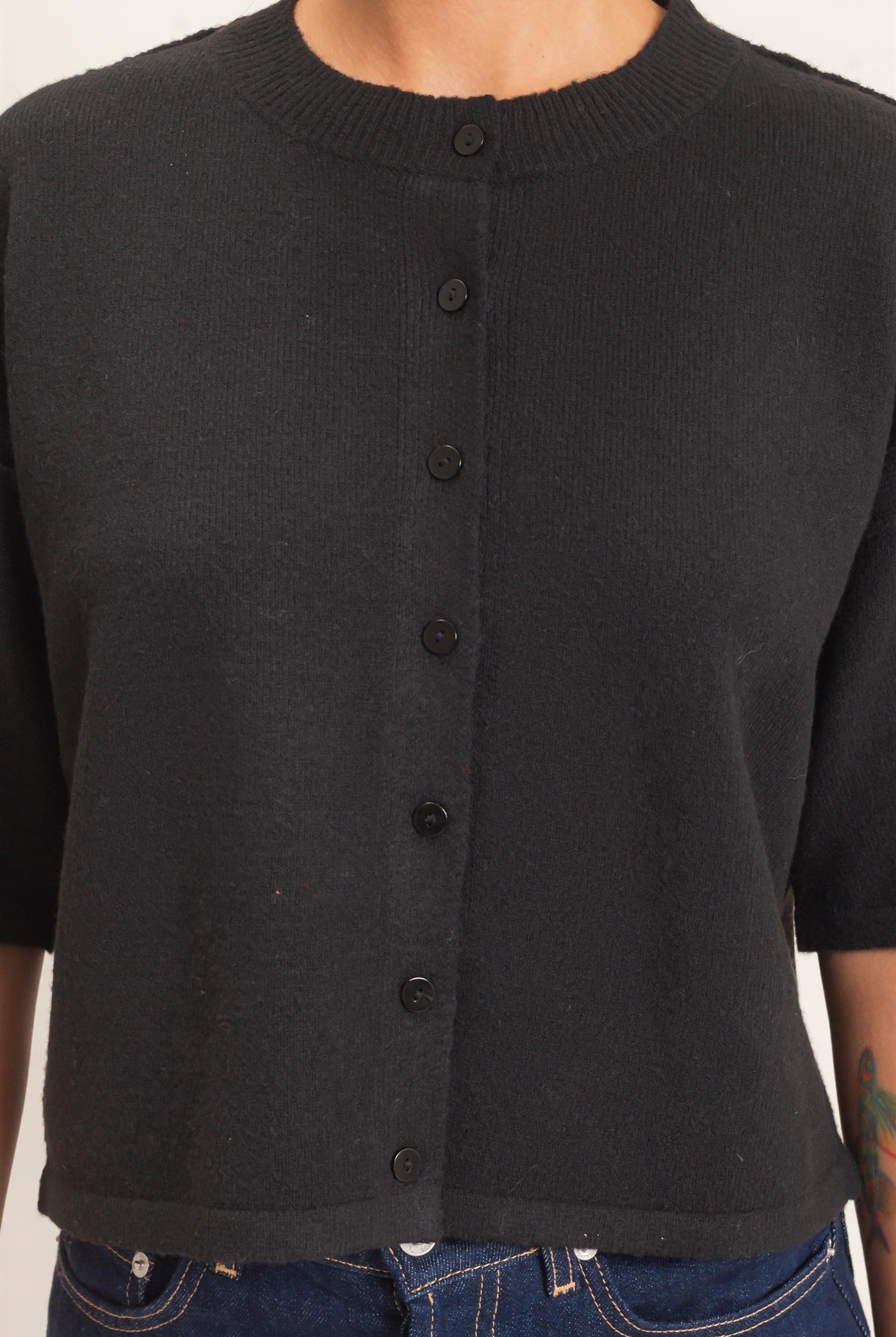 Wholesale Drop Shoulder Short Sleeve Cardigan Cardigans DZ26E238 BLACK DOUBLE ZERO