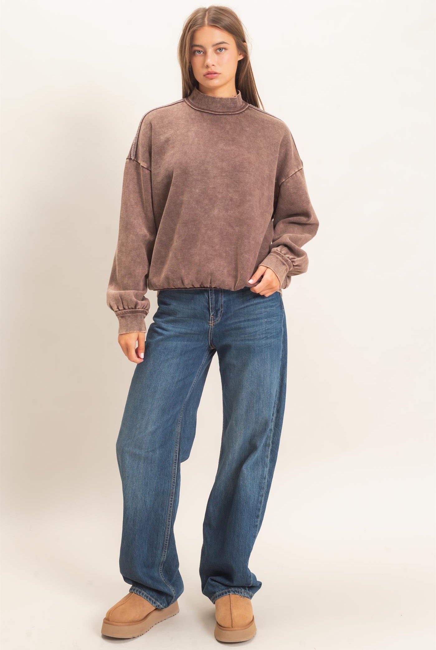 Wholesale Acid Washed Mock Neck Sweatshirt Sweatshirts DZ26E656 DARK BROWN DOUBLE ZERO