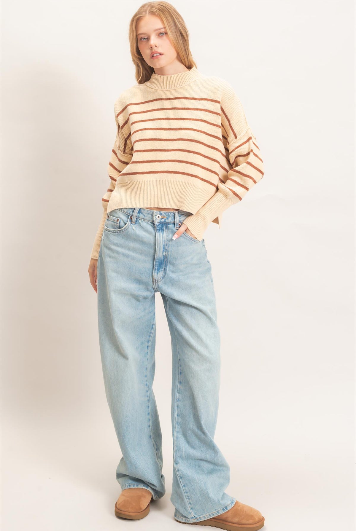 Wholesale Striped Mock Neck Cropped Sweater Sweaters HF26F192 BROWN HYFVE