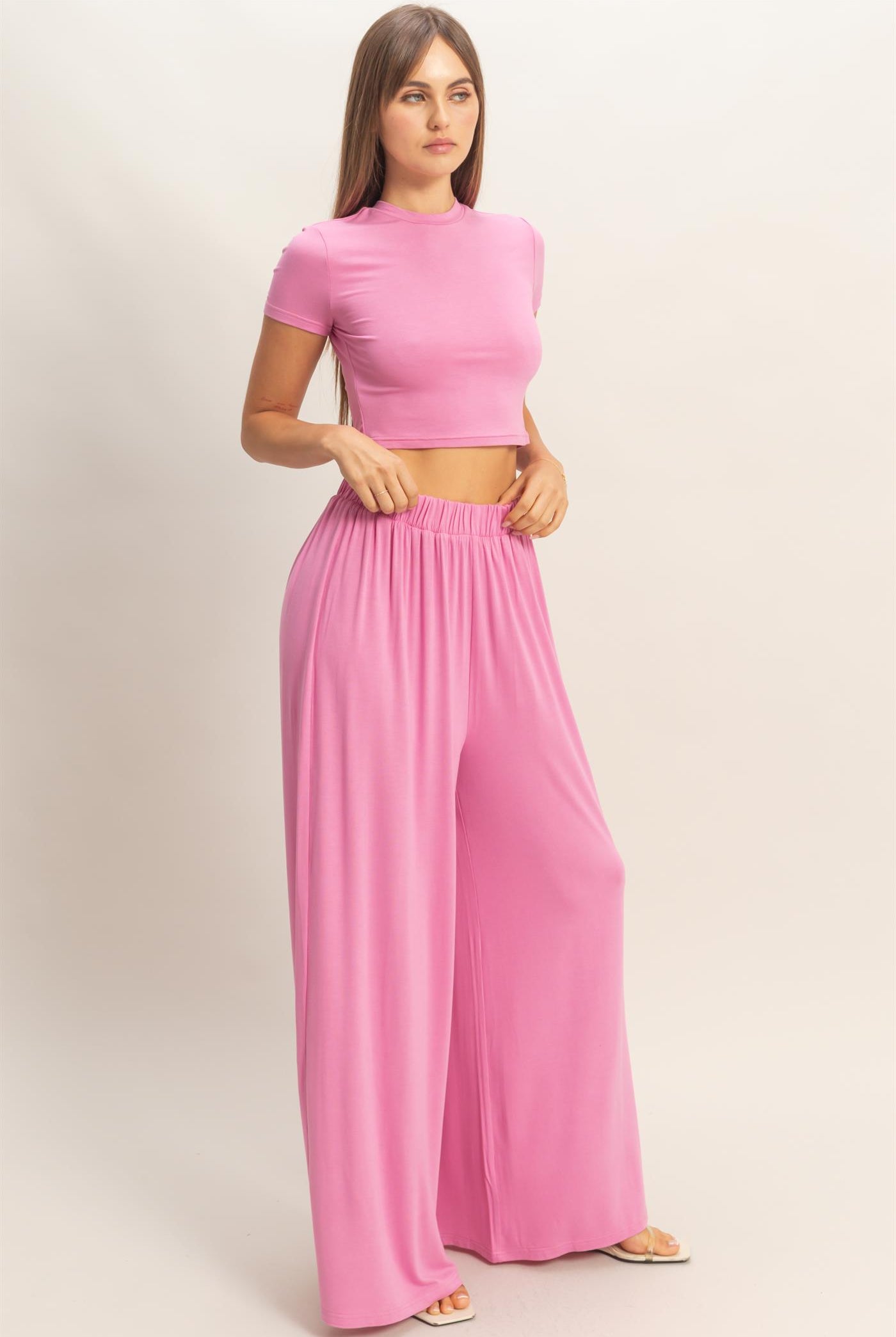 Wholesale Short Sleeve Top & Wide Leg Pants Set Clothing HF26C310-SET-D PINK HYFVE