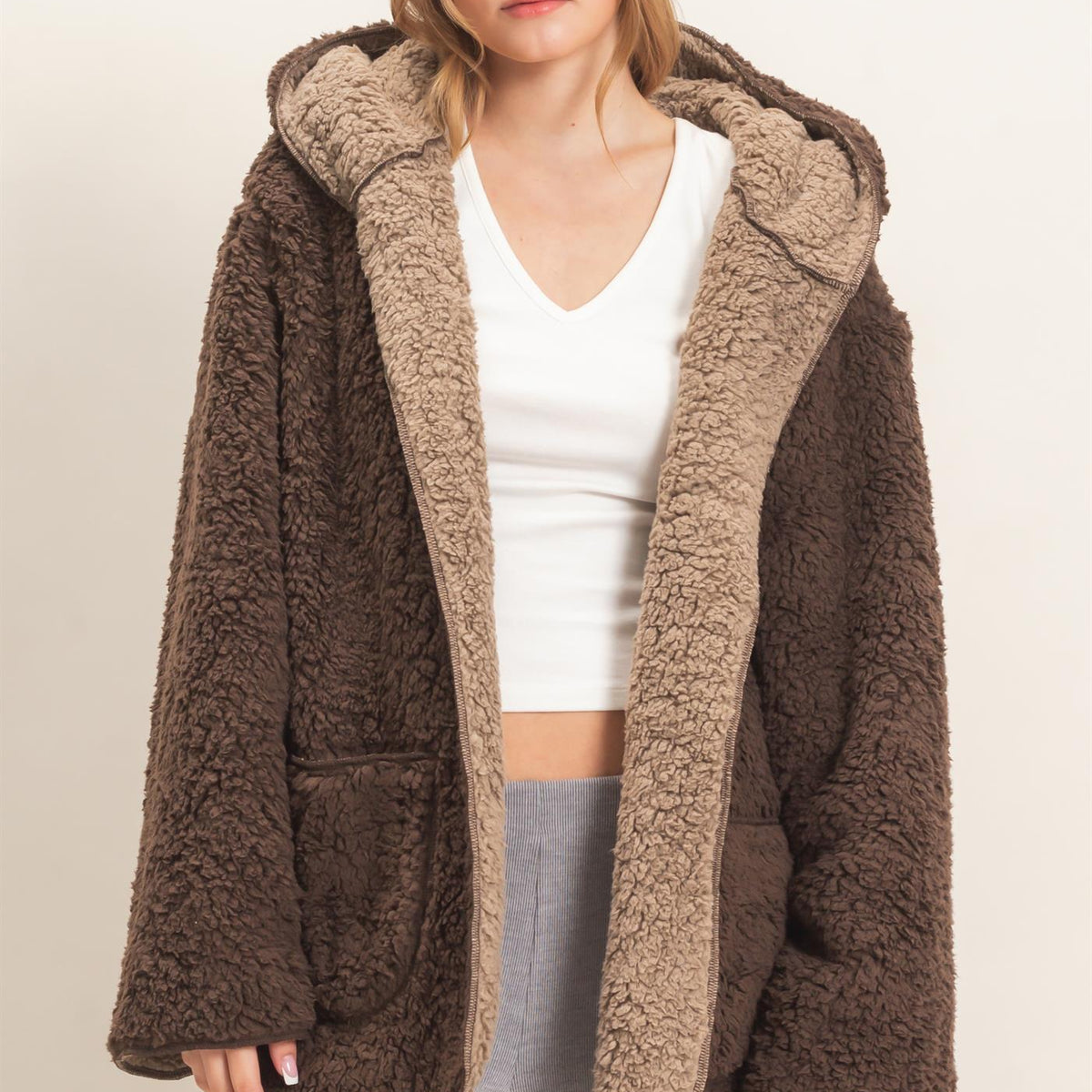 Wholesale Hooded Sherpa Jacket Coats & Jackets HF26E874 DARK BROWN HYFVE