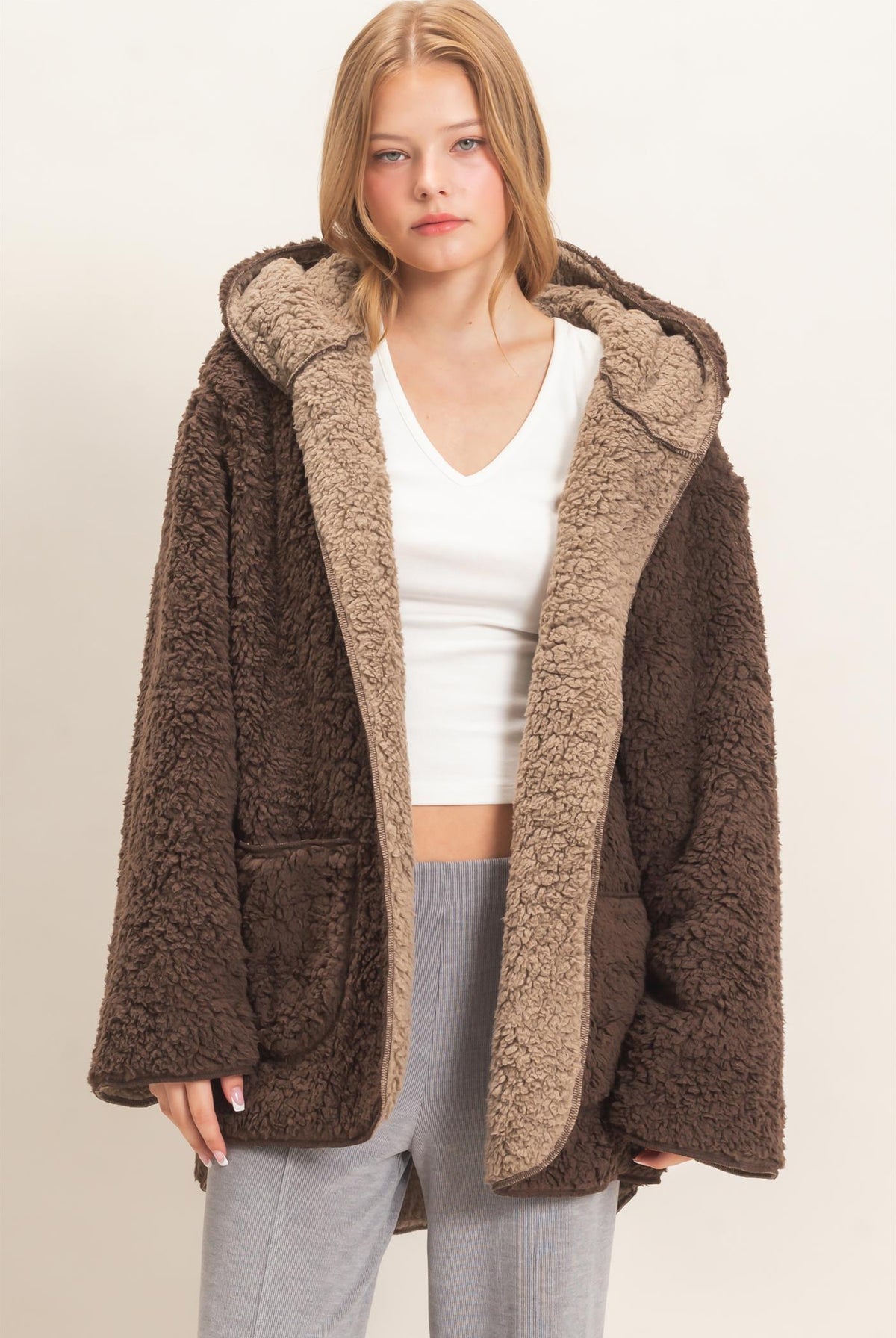 Wholesale Hooded Sherpa Jacket Coats & Jackets HF26E874 DARK BROWN HYFVE