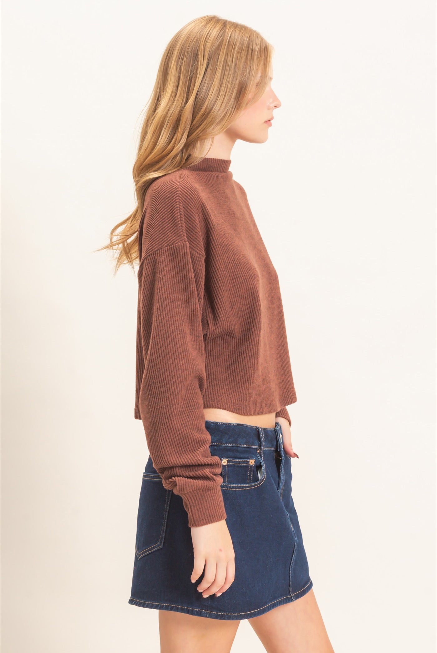 Wholesale Ribbed Mock Neck Top Clothing Tops HF26F030 BROWN HYFVE