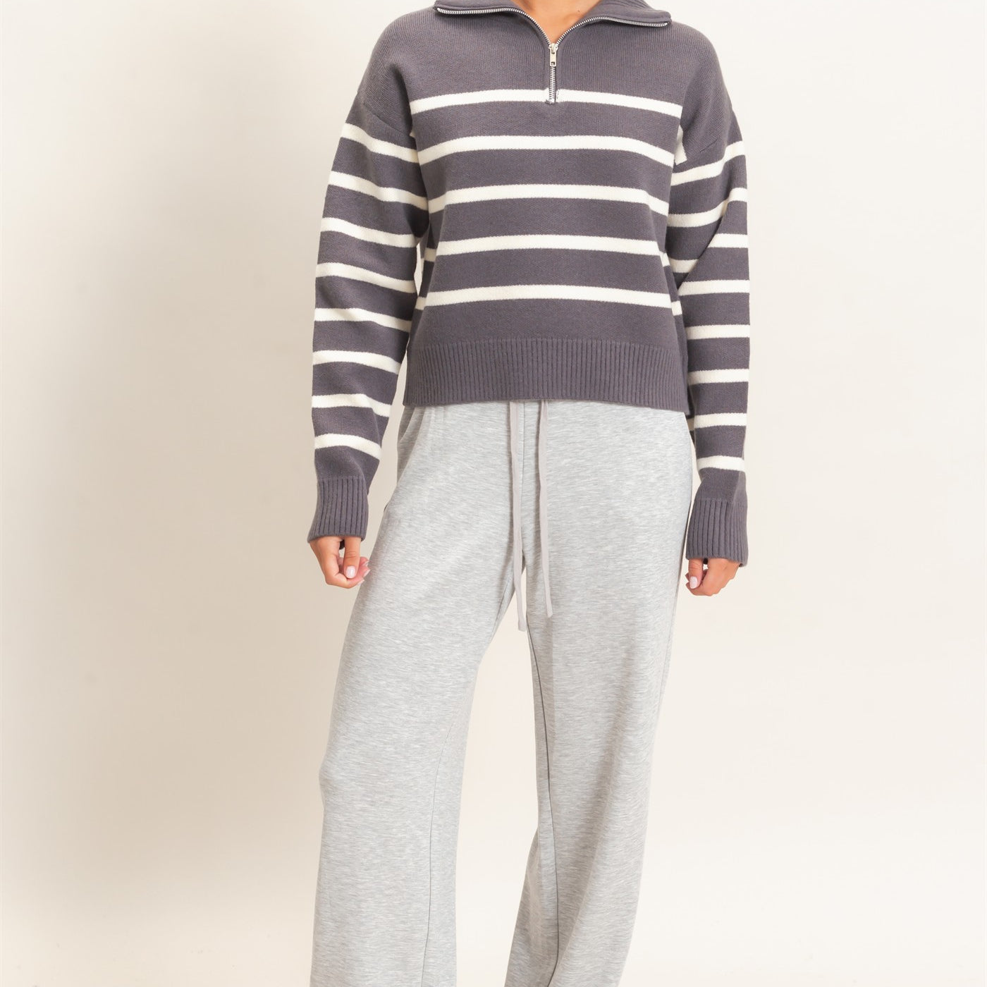 Wholesale Half-Zip Collared Stripe Sweater Sweaters DZ26E950 CHARCOAL DOUBLE ZERO