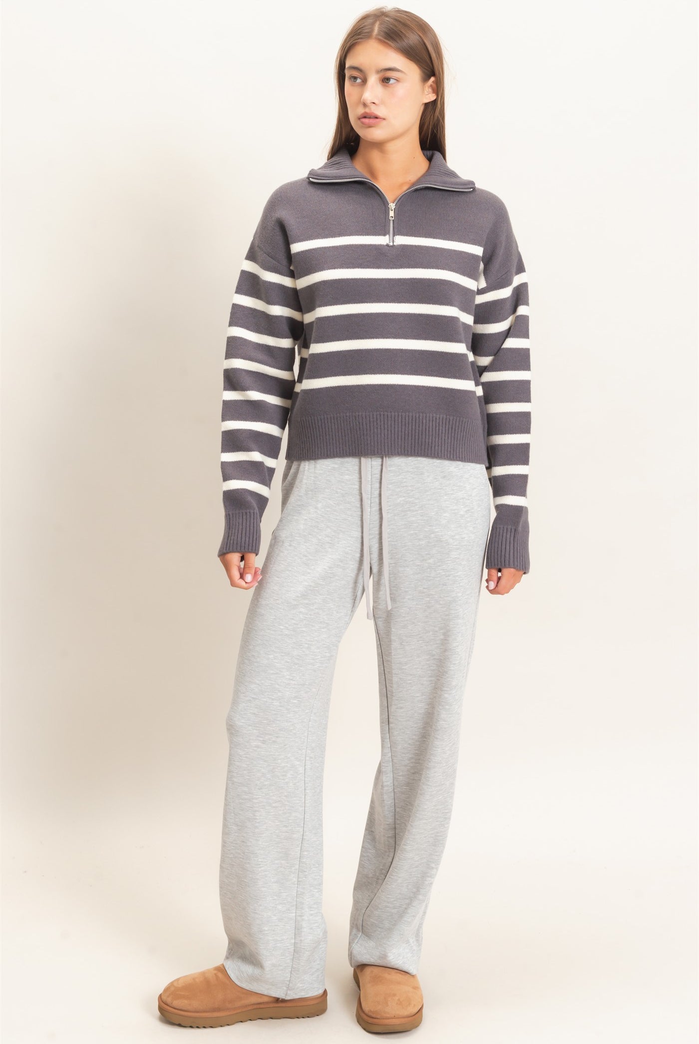 Wholesale Half-Zip Collared Stripe Sweater Sweaters DZ26E950 CHARCOAL DOUBLE ZERO