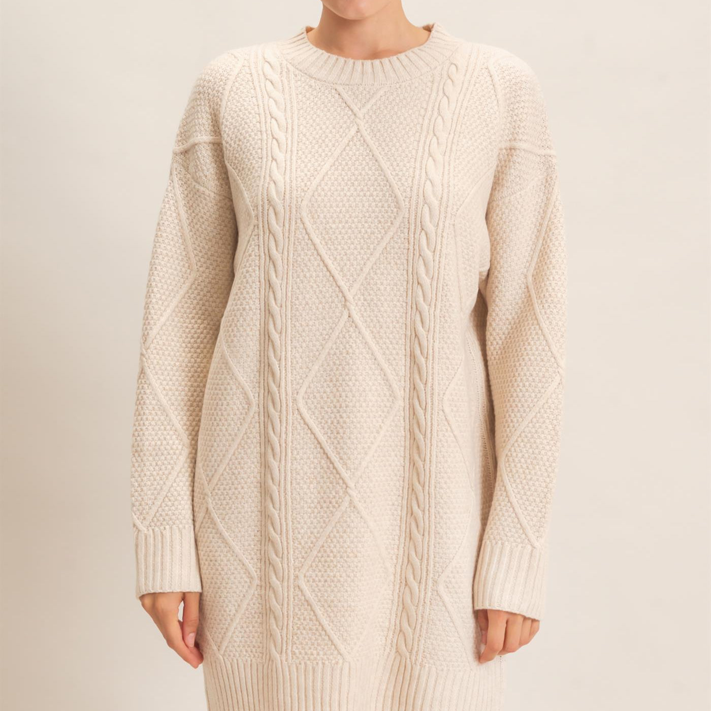 Wholesale Cable Knit Crew Neck Dress Dresses HF26F006 CREAM HYFVE