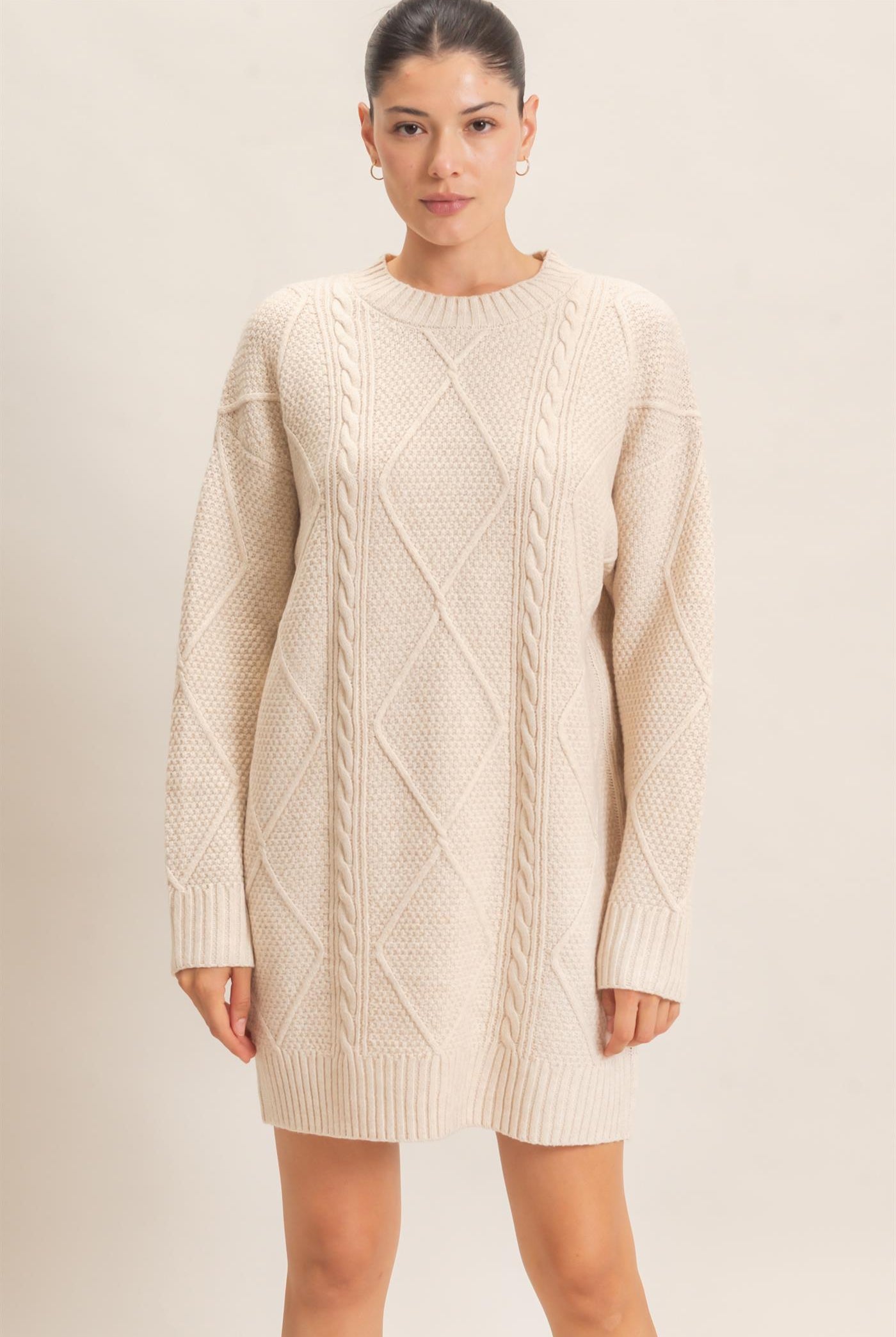 Wholesale Cable Knit Crew Neck Dress Dresses HF26F006 CREAM HYFVE