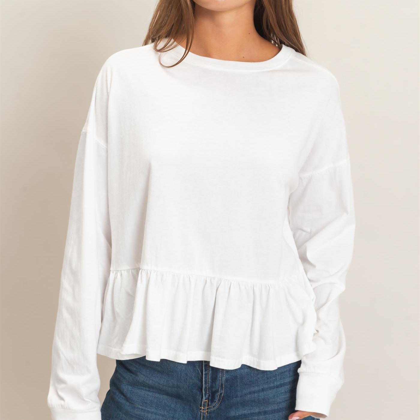 Wholesale Peplum Long Sleeve Top Clothing Tops DZ26F397 WHITE DOUBLE ZERO