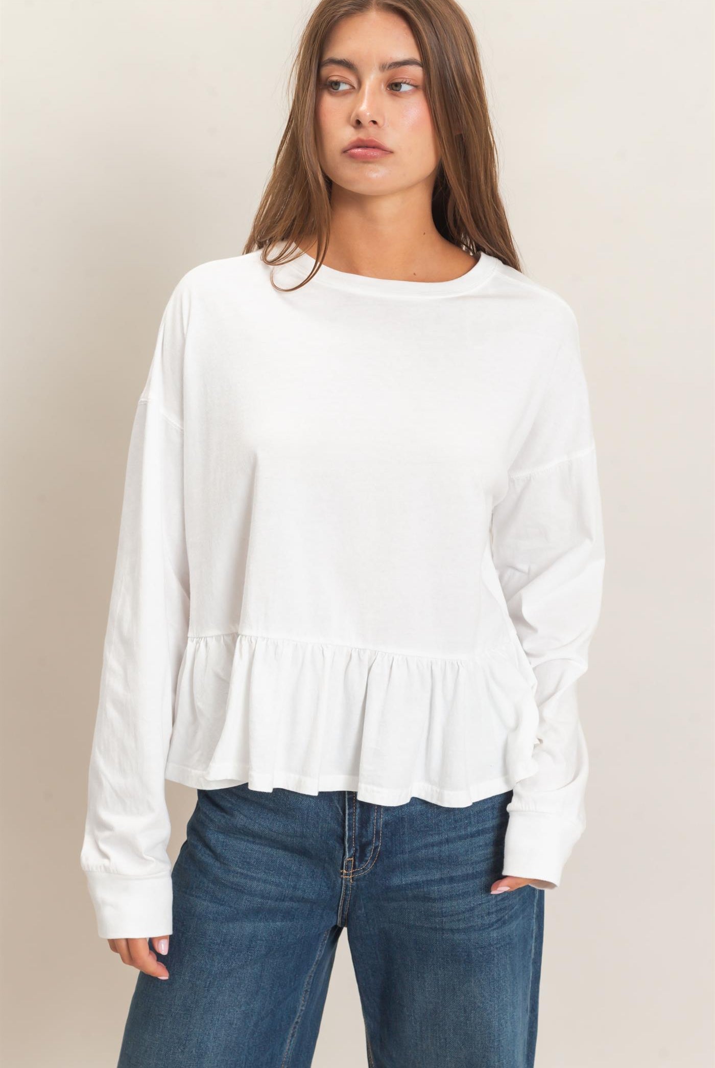 Wholesale Peplum Long Sleeve Top Clothing Tops DZ26F397 WHITE DOUBLE ZERO