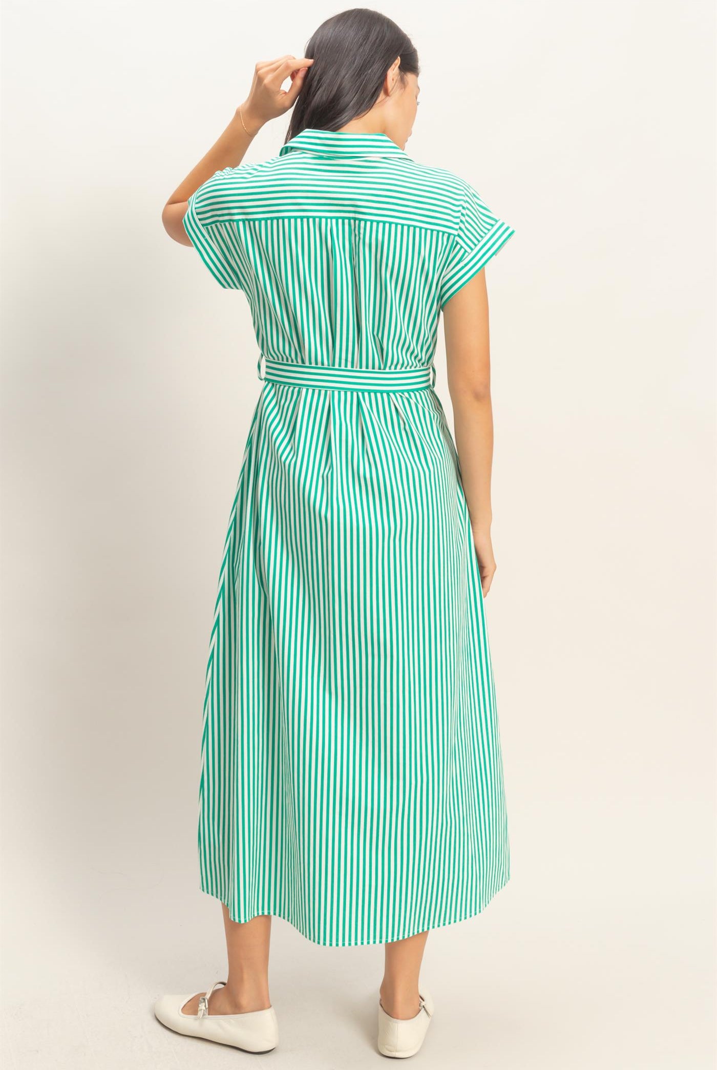 Wholesale Striped Poplin Belted Shirt Dress With Pockets Dresses DZ26C129 GREEN DOUBLE ZERO