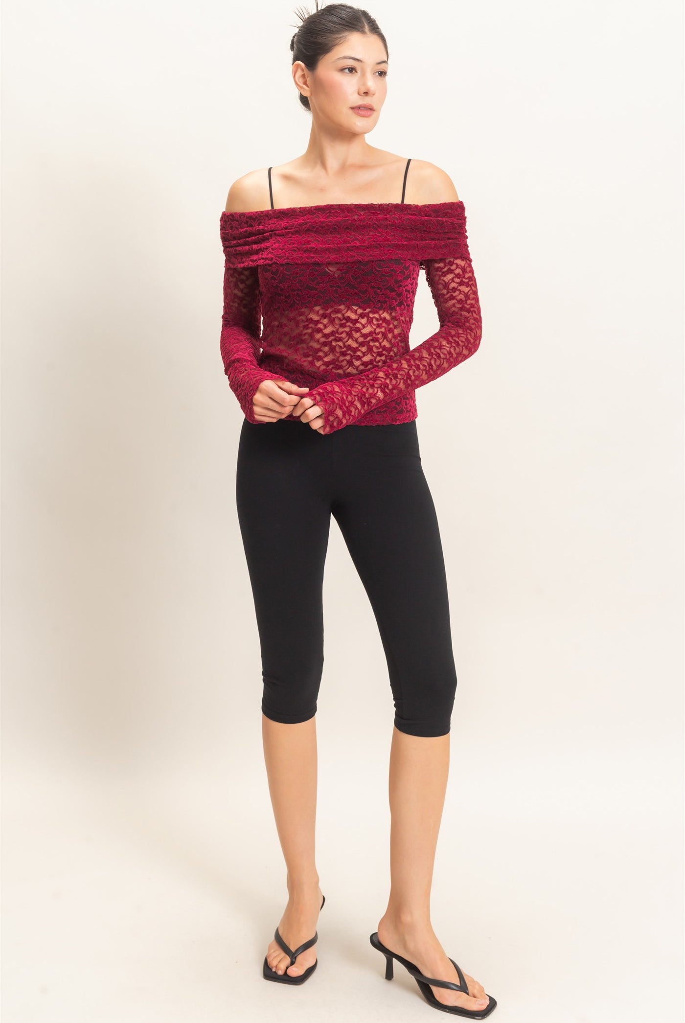Wholesale Off-Shoulder Lace Top Clothing Tops HF26E407 BURGUNDY HYFVE