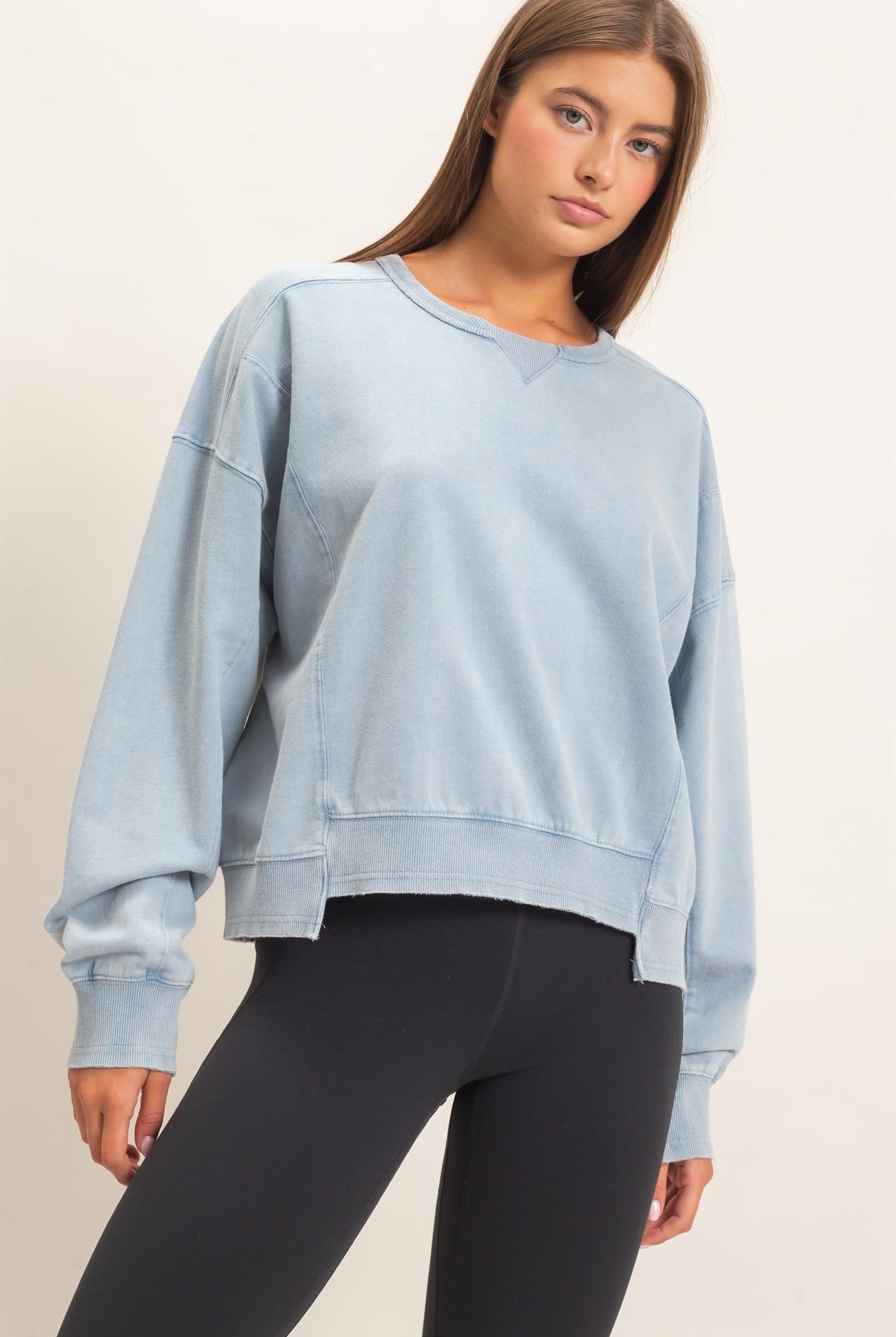 Wholesale Acid Wash Seam Detail Crew Neck Sweatshirt Sweatshirts DZ26E260 DUSTY BLUE DOUBLE ZERO