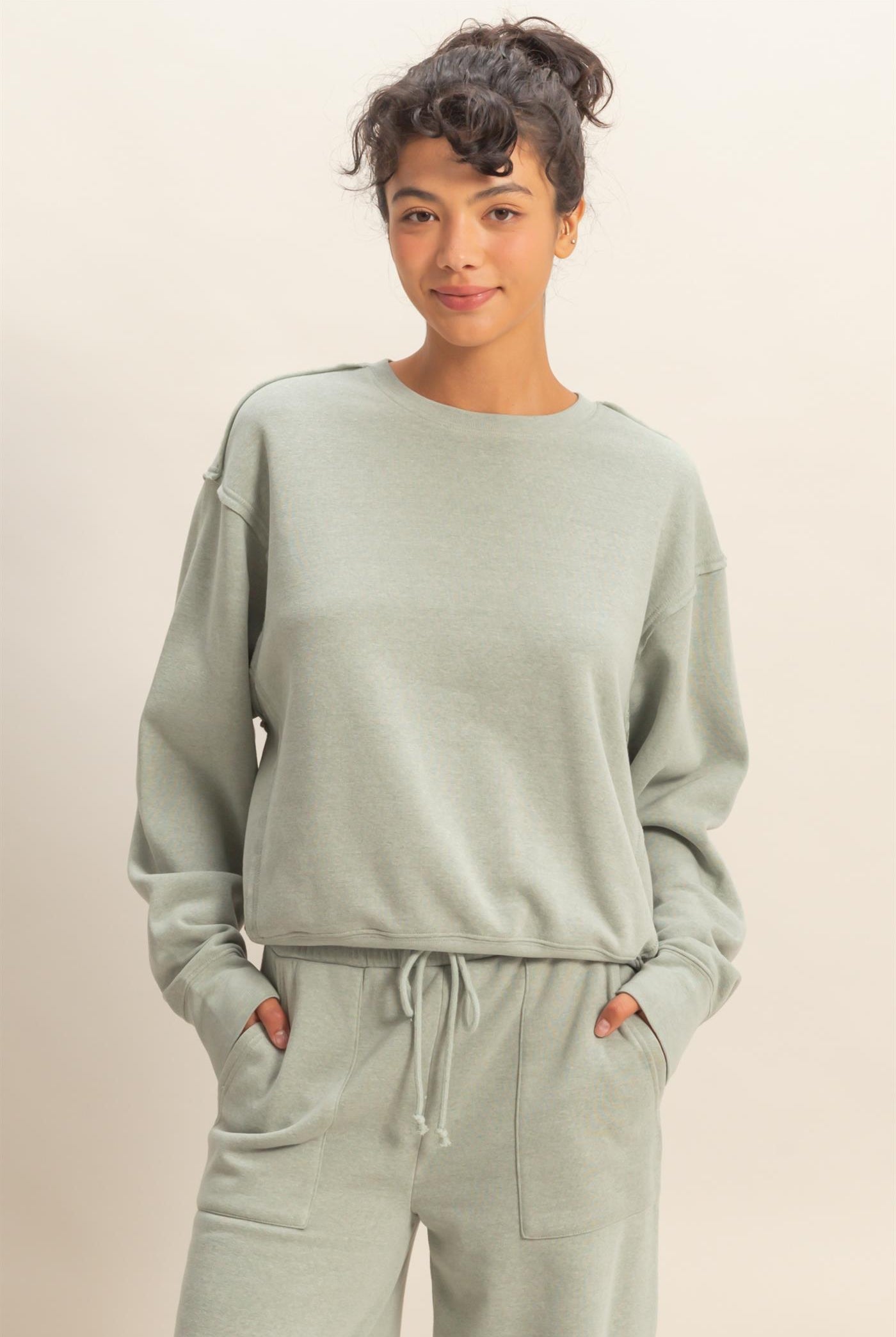 Wholesale Raw Edge Detail Burnout Sweatshirt Sweatshirts DZ26A048 SAGE GREEN DOUBLE ZERO
