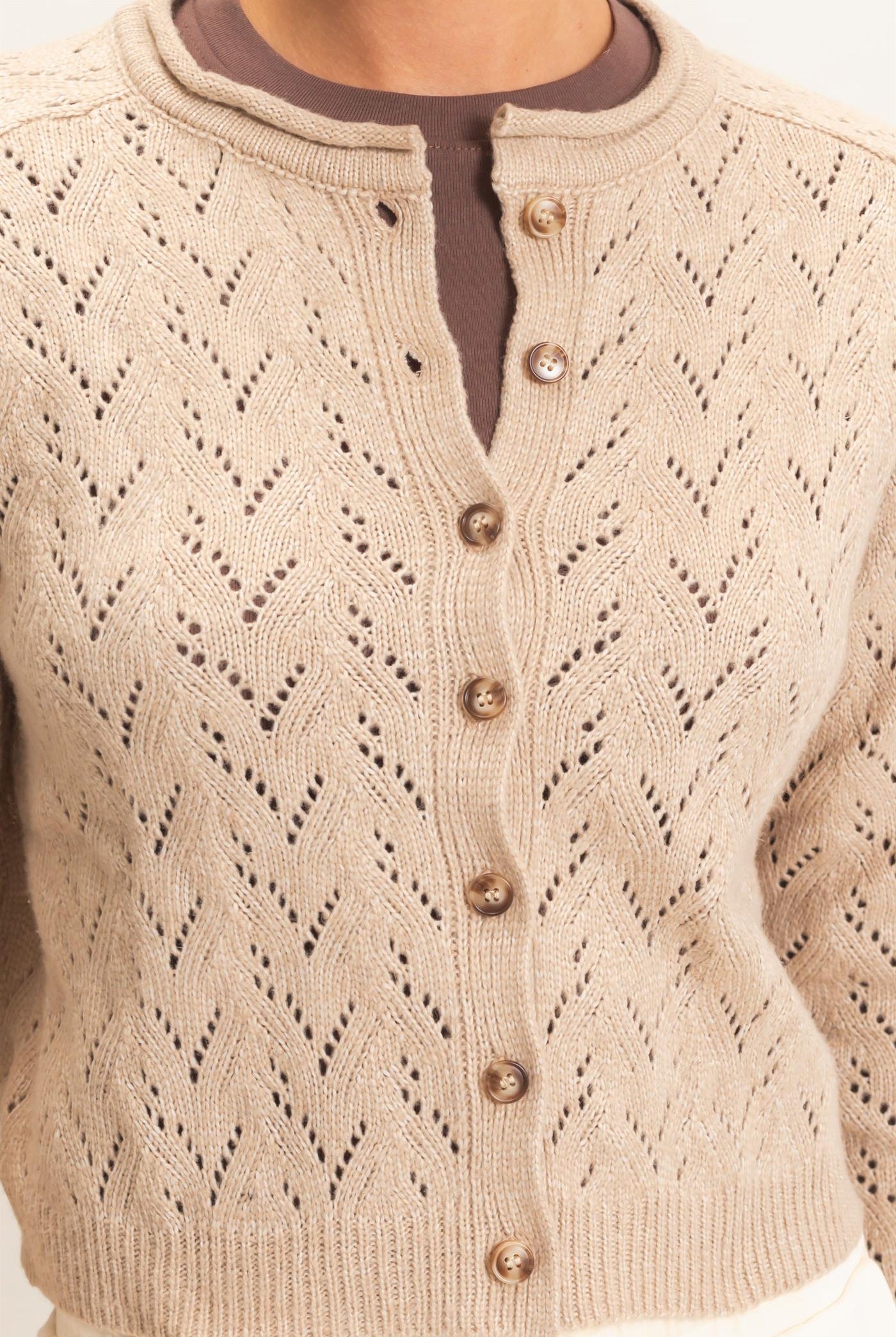 Wholesale Pointelle Knit Button Front Cardigan Cardigans DZ26C978 DARK TAUPE DOUBLE ZERO