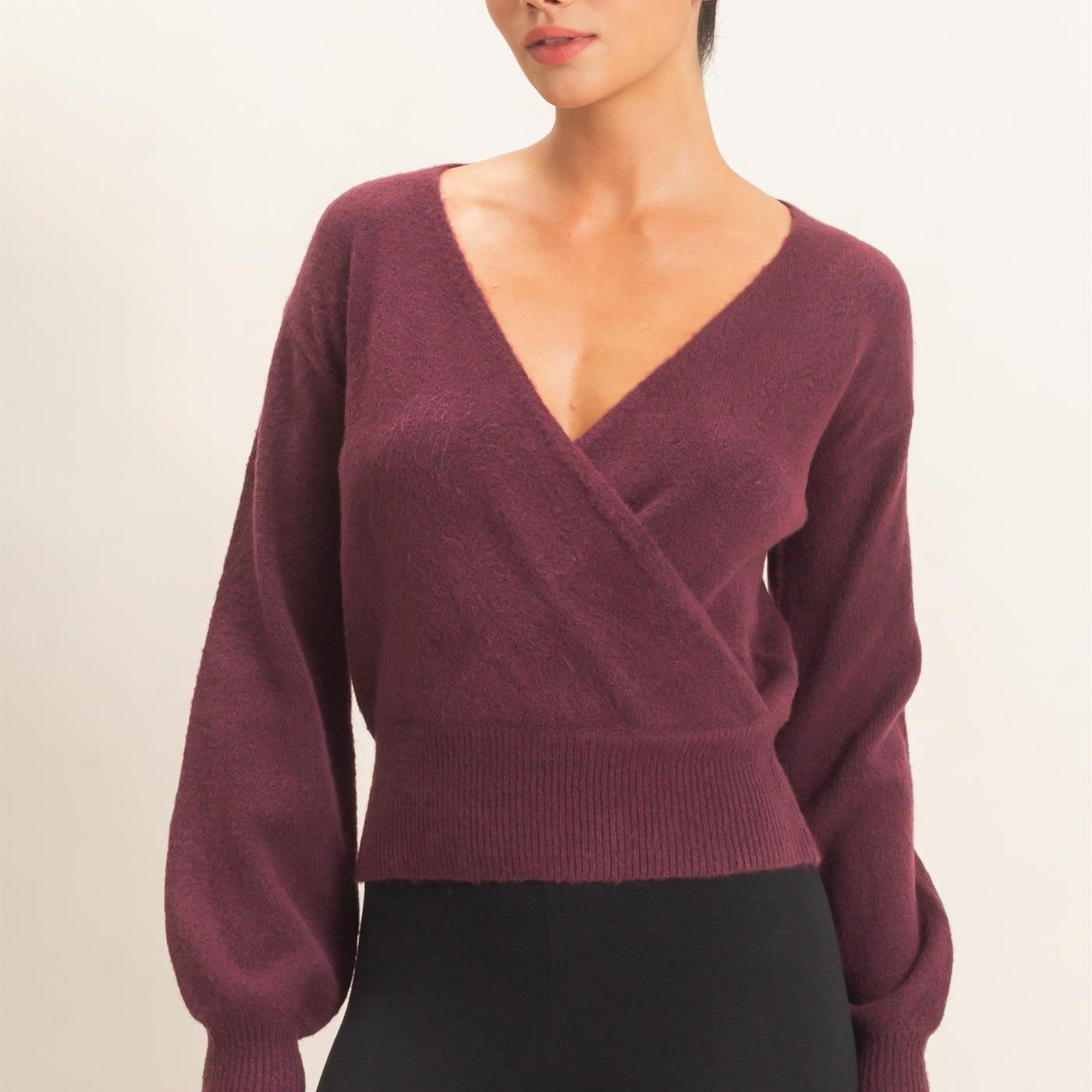 Wholesale Wrap V Neck Sweater Sweaters DZ26E948 DARK CHERRY DOUBLE ZERO