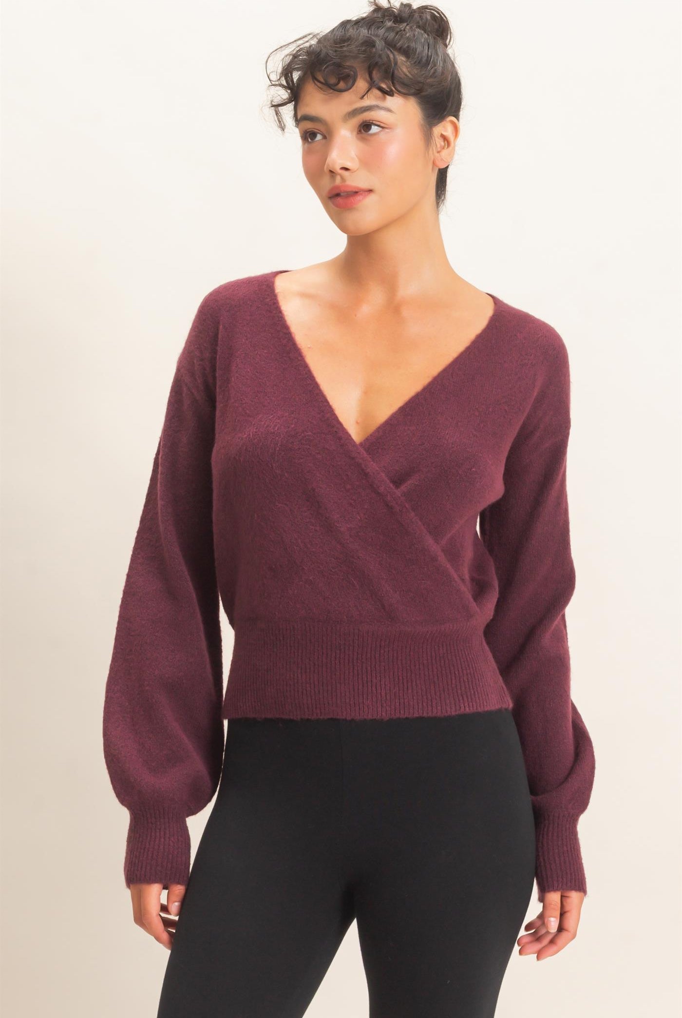 Wholesale Wrap V Neck Sweater Sweaters DZ26E948 DARK CHERRY DOUBLE ZERO