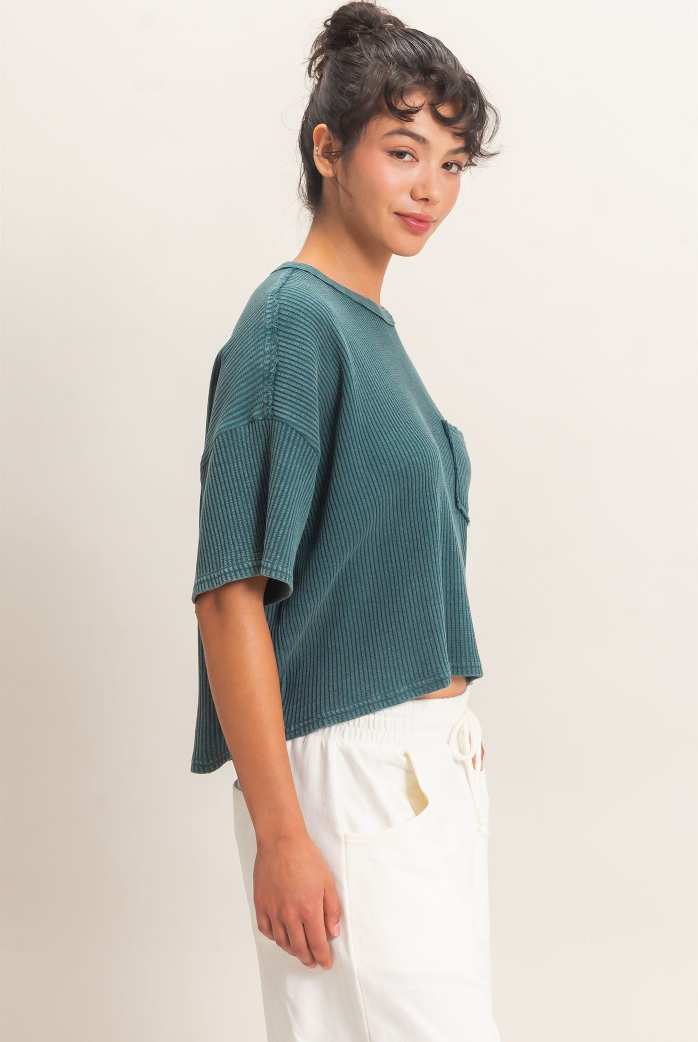Wholesale Mineral Wash Waffle Knit Pocket Top Clothing Tops DZ26E222 DARK TEAL DOUBLE ZERO