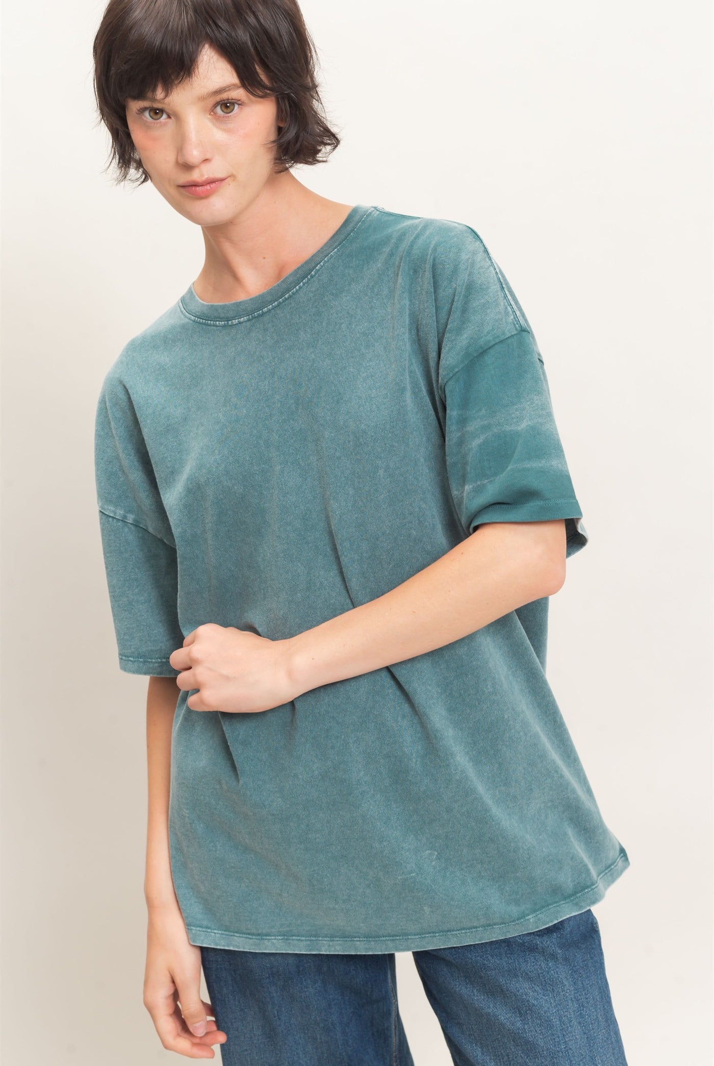 Wholesale Mineral Wash Oversized Crew Neck T-Shirts Clothing Tops DZ26C961 DARK TEAL DOUBLE ZERO