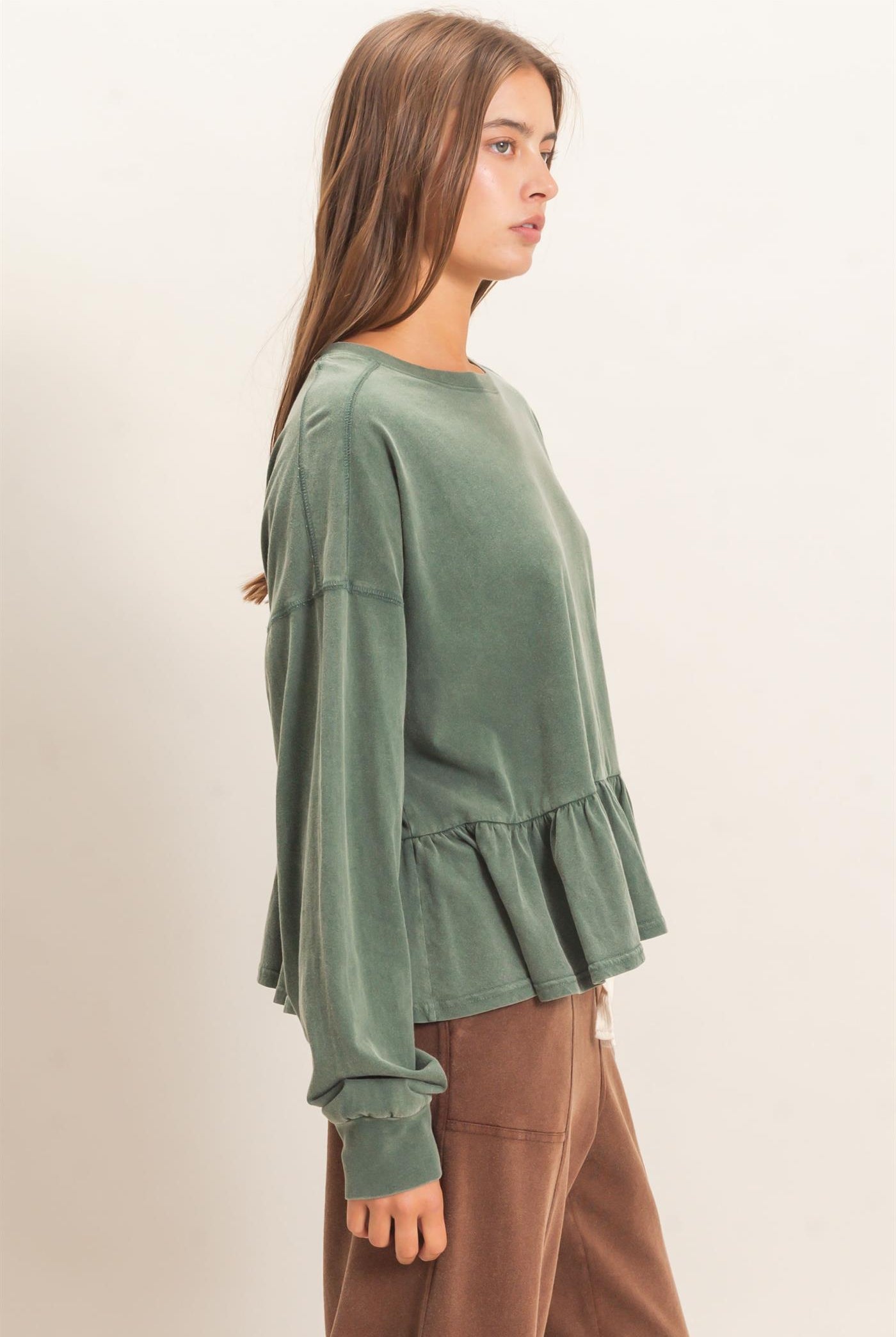 Wholesale Peplum Long Sleeve Top Clothing Tops DZ26F397 DARK GREEN DOUBLE ZERO